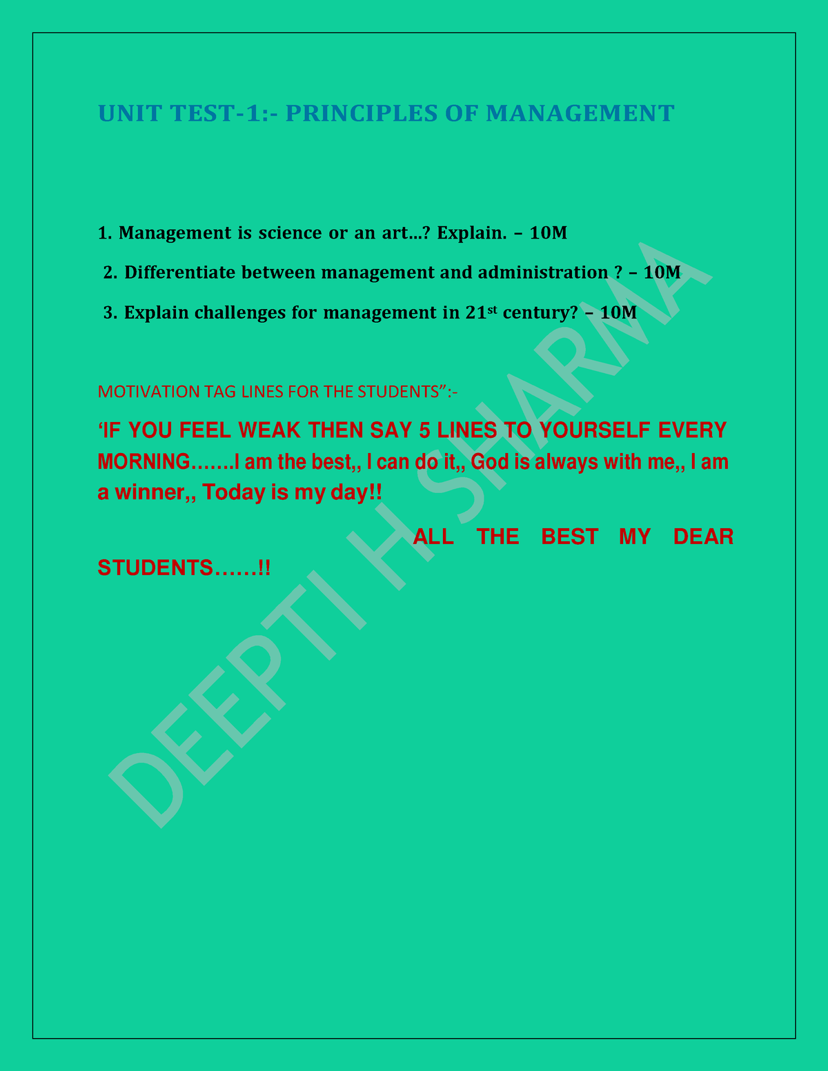 UT-1 POM - NOTES - UNIT TEST-1:- PRINCIPLES OF MANAGEMENT 1. Management ...