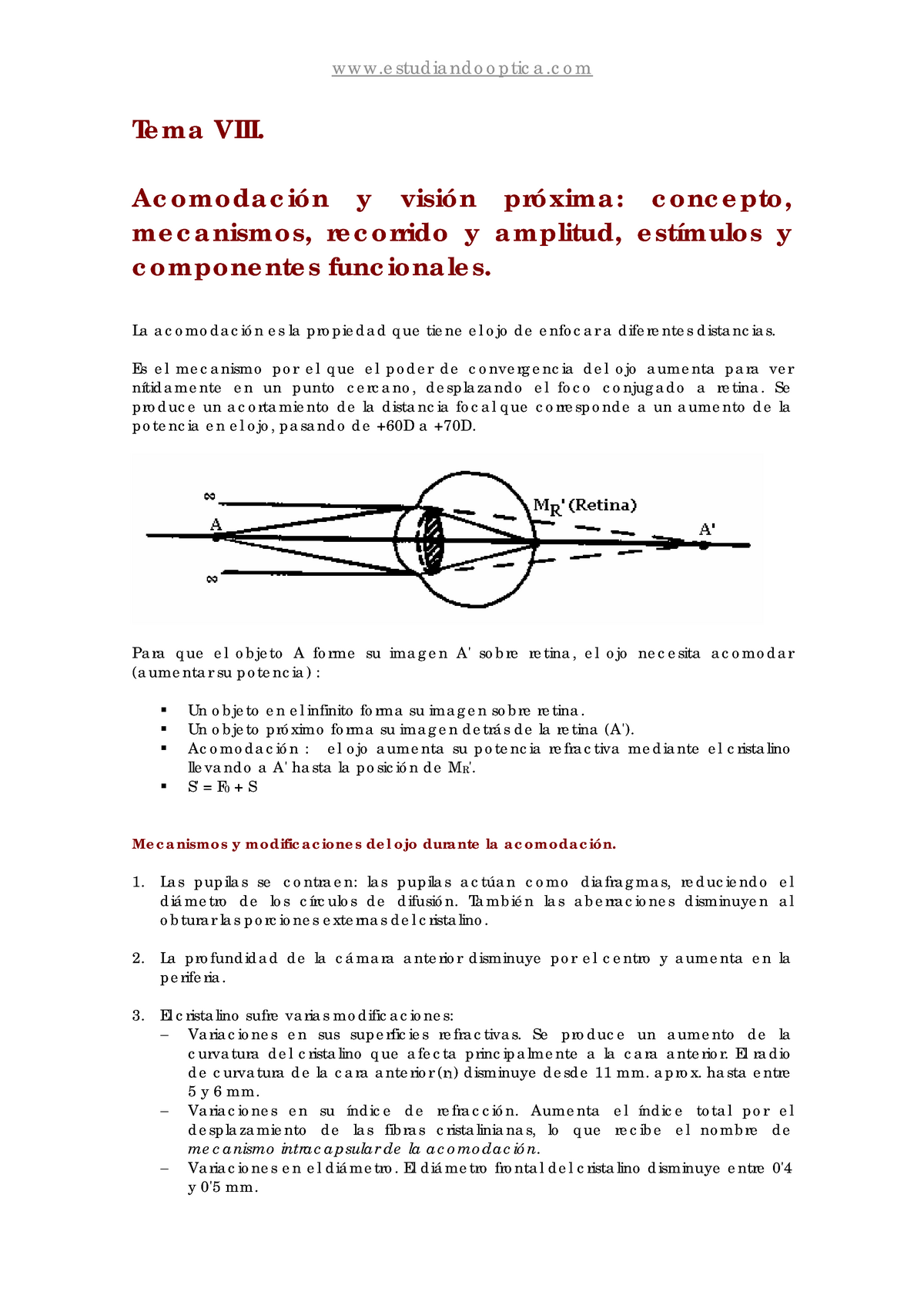 Fisiologia De La Acomodacion Del Ojo Te M A Viii Ac O M O Da C Ió N Y Visió N Pró Xim A C O 2590