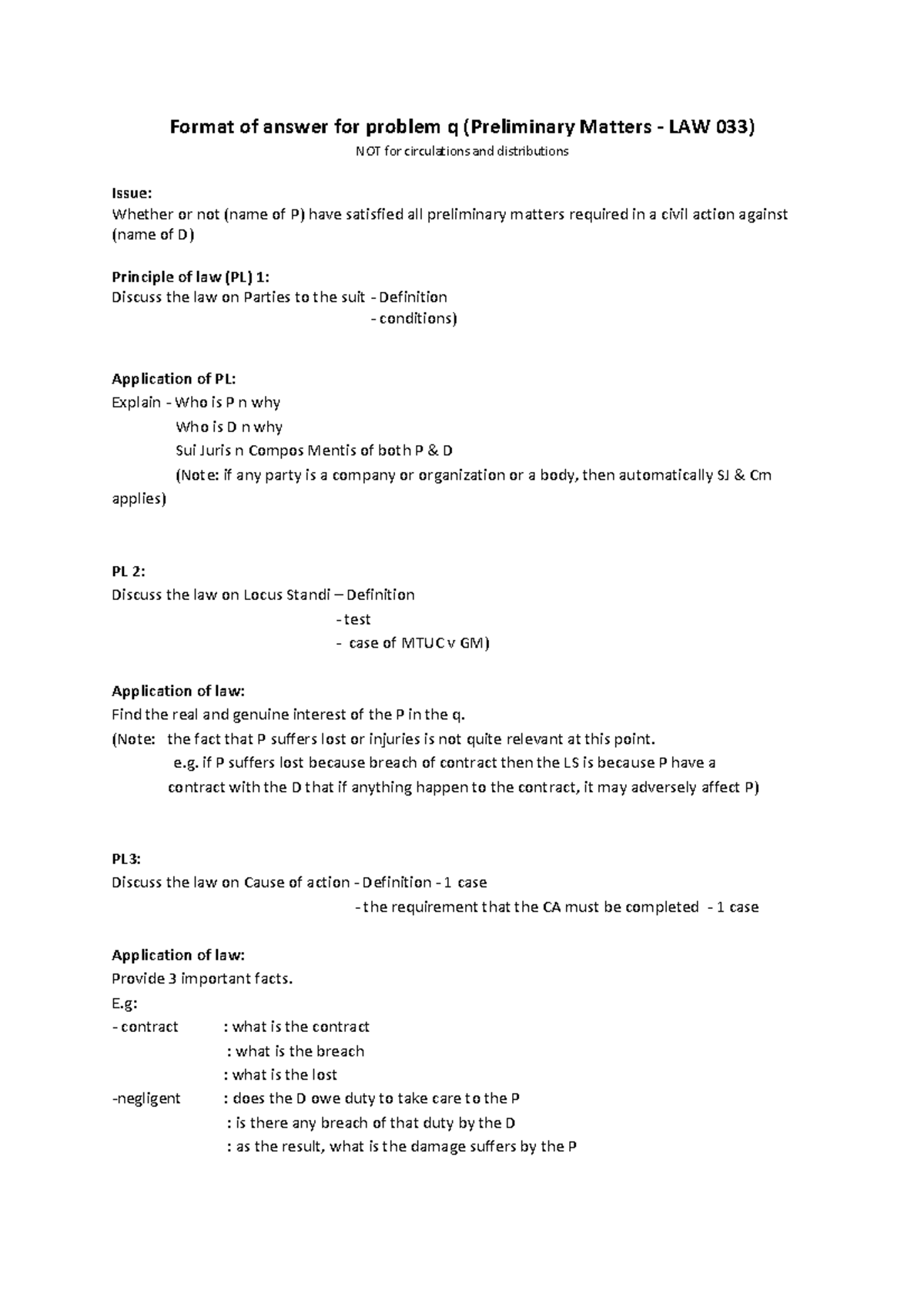 Format Answer FOR Preliminary Matters -LAW033 - Format of answer for ...