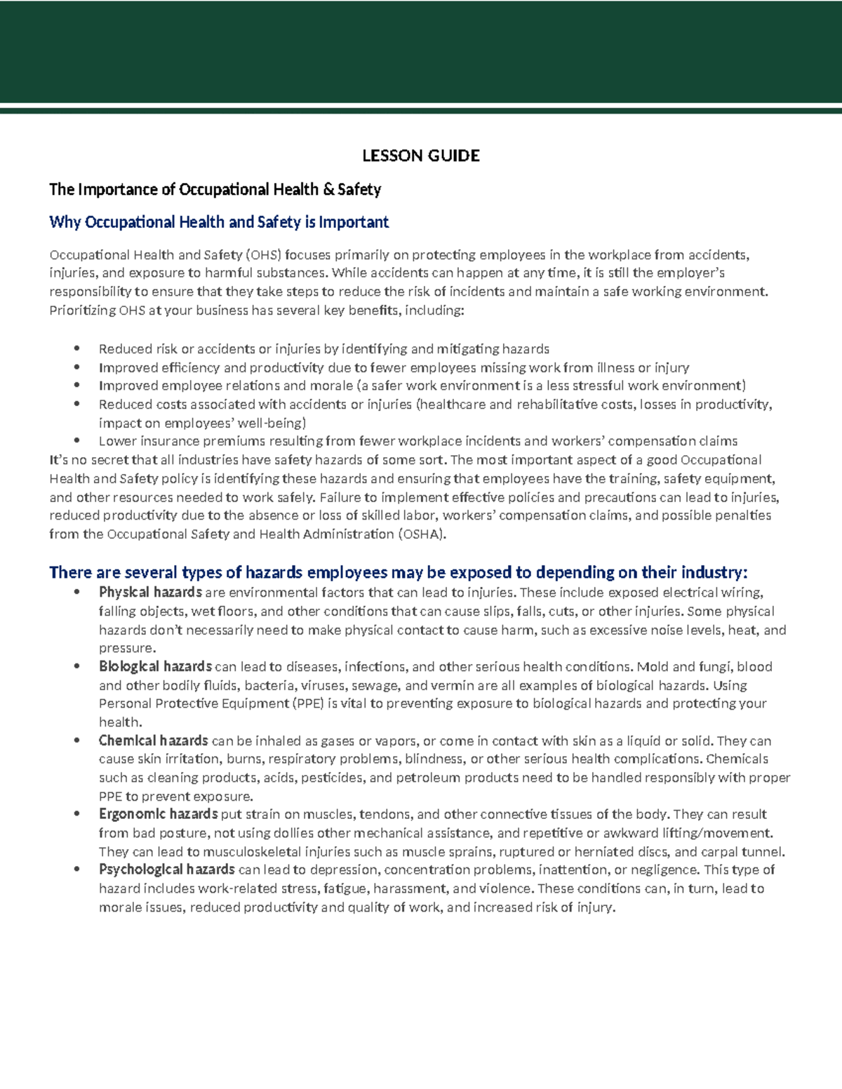 OHS Lesson Guide - health and safety - LESSON GUIDE The Importance of ...