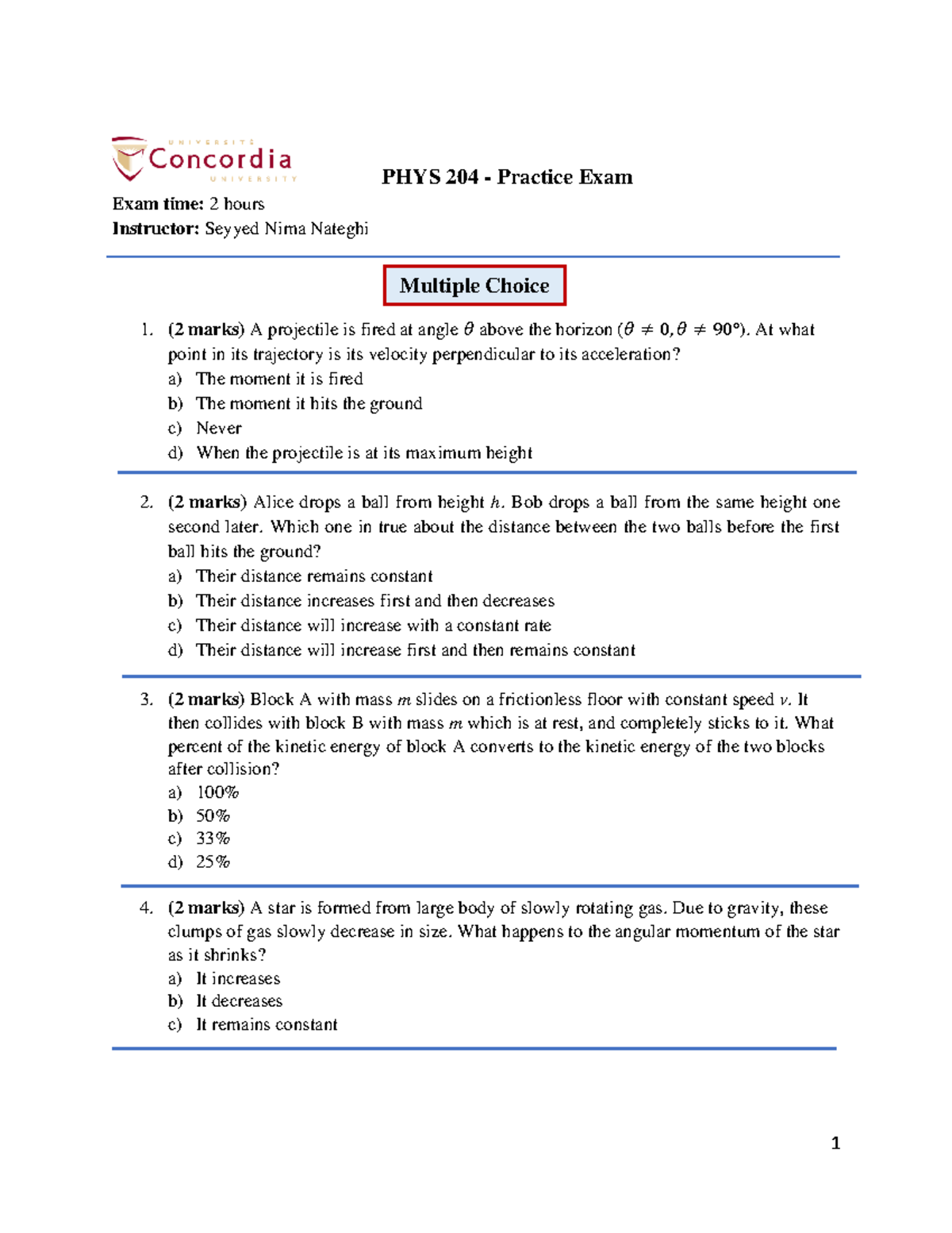 PHYS 204 - Practice Final Online Section - PHYS 204 - Practice Exam ...