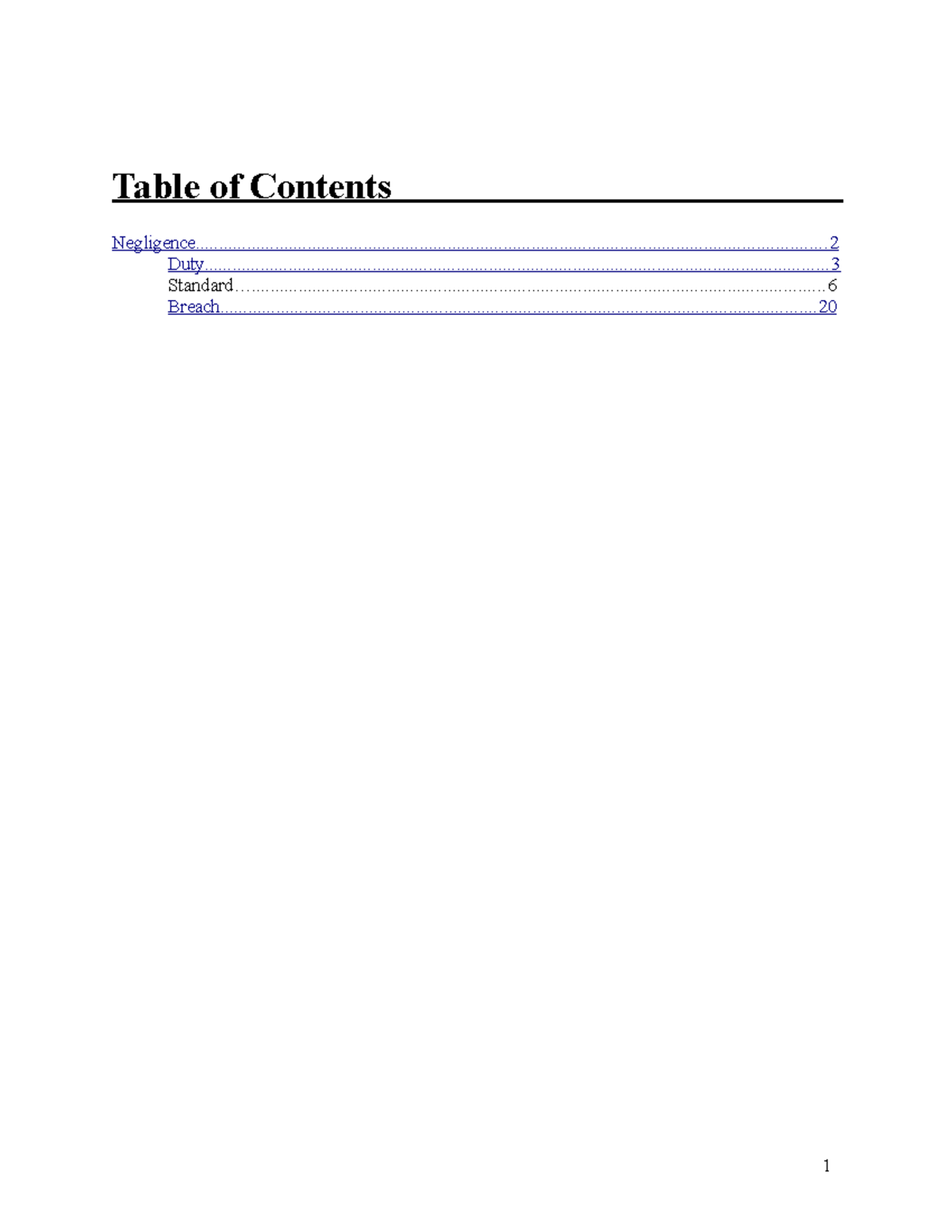 Torts-i - Outline - Table of Contents - Negligence Duty - Studocu