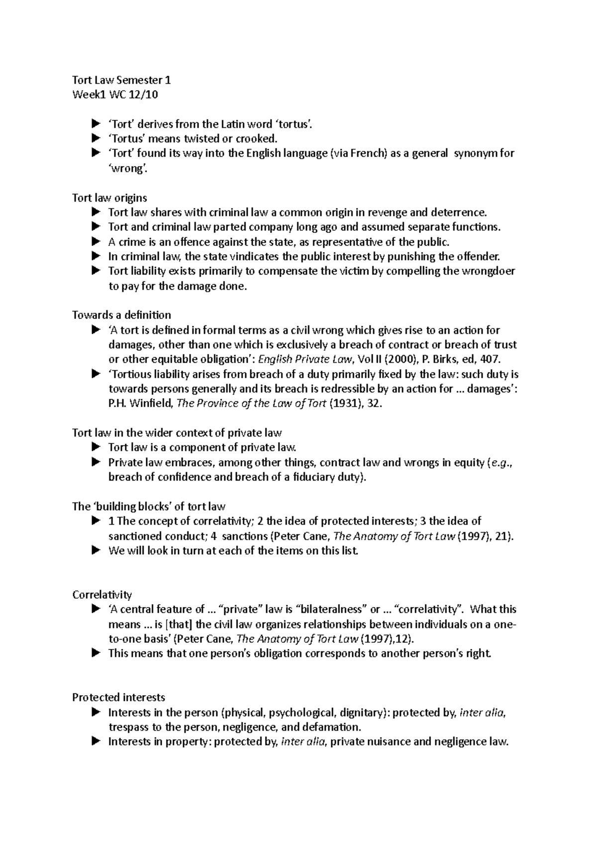 Tort Law Semester 1 - notes - Tort Law Semester 1 Week1 WC 12/ u ‘Tort ...