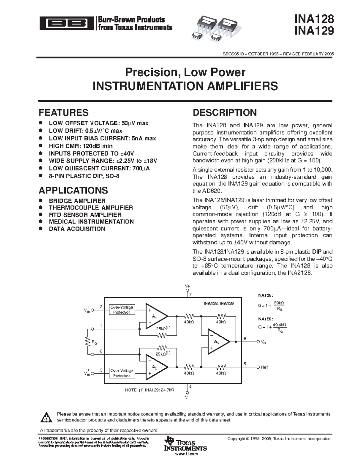 INA129UA - Un datasheet del ina para un ecg - FEATURES LOW OFFSET ...