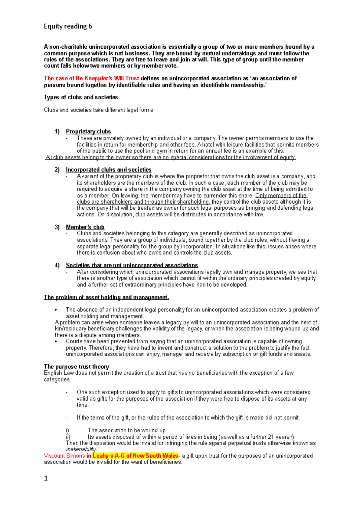 Equity reading 5b - notes - A non-charitable unincorporated association ...