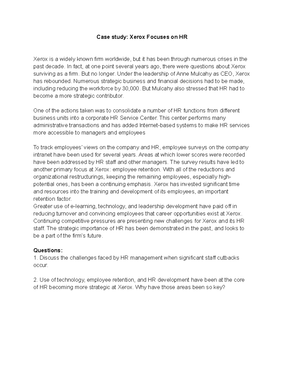Case study Lesson 2 Case study Xerox Focuses on HR Xerox is a