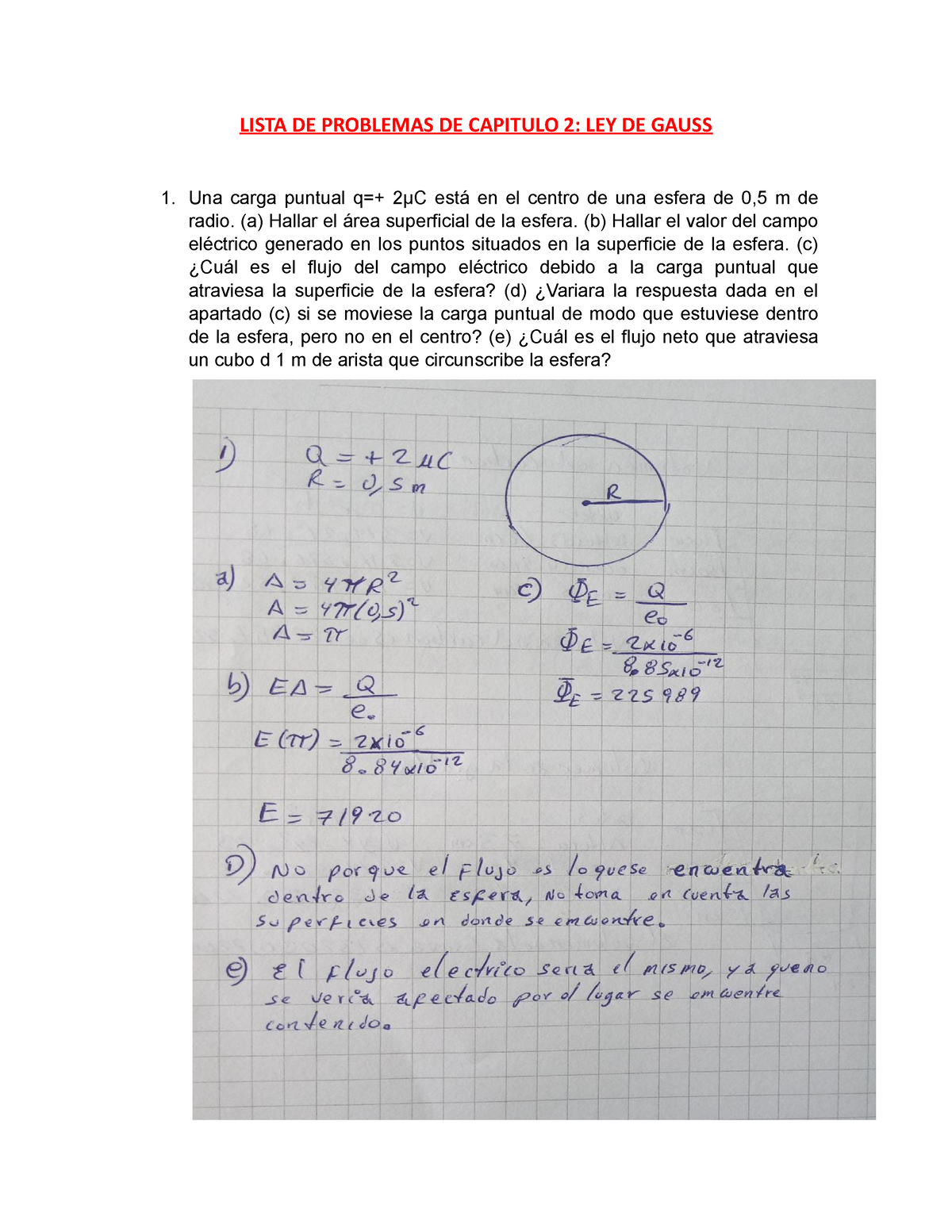 Lista DE Problemas DE Capitulo 2 - Ley De Gauss - LISTA DE PROBLEMAS DE ...