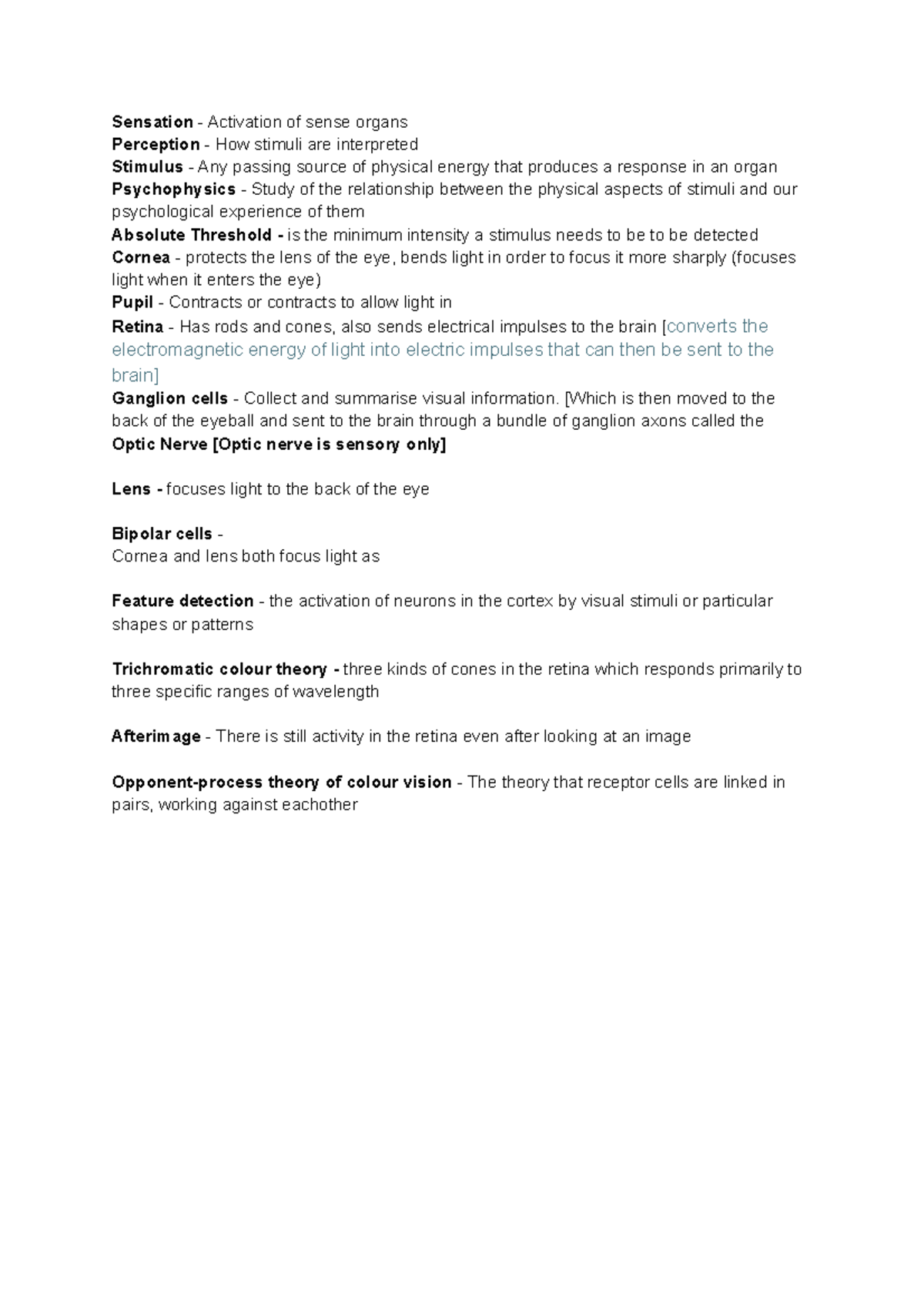 Psych notes chapter 3 - Sensation - Activation of sense organs ...