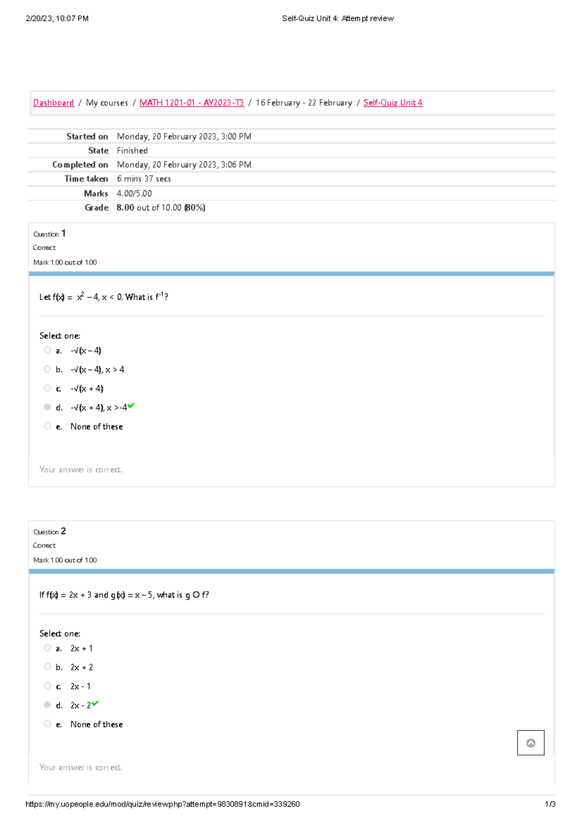 Self-Quiz Unit 4 Attempt Review - 2/20/23, 10:07 PM Self-Quiz Unit 4 ...