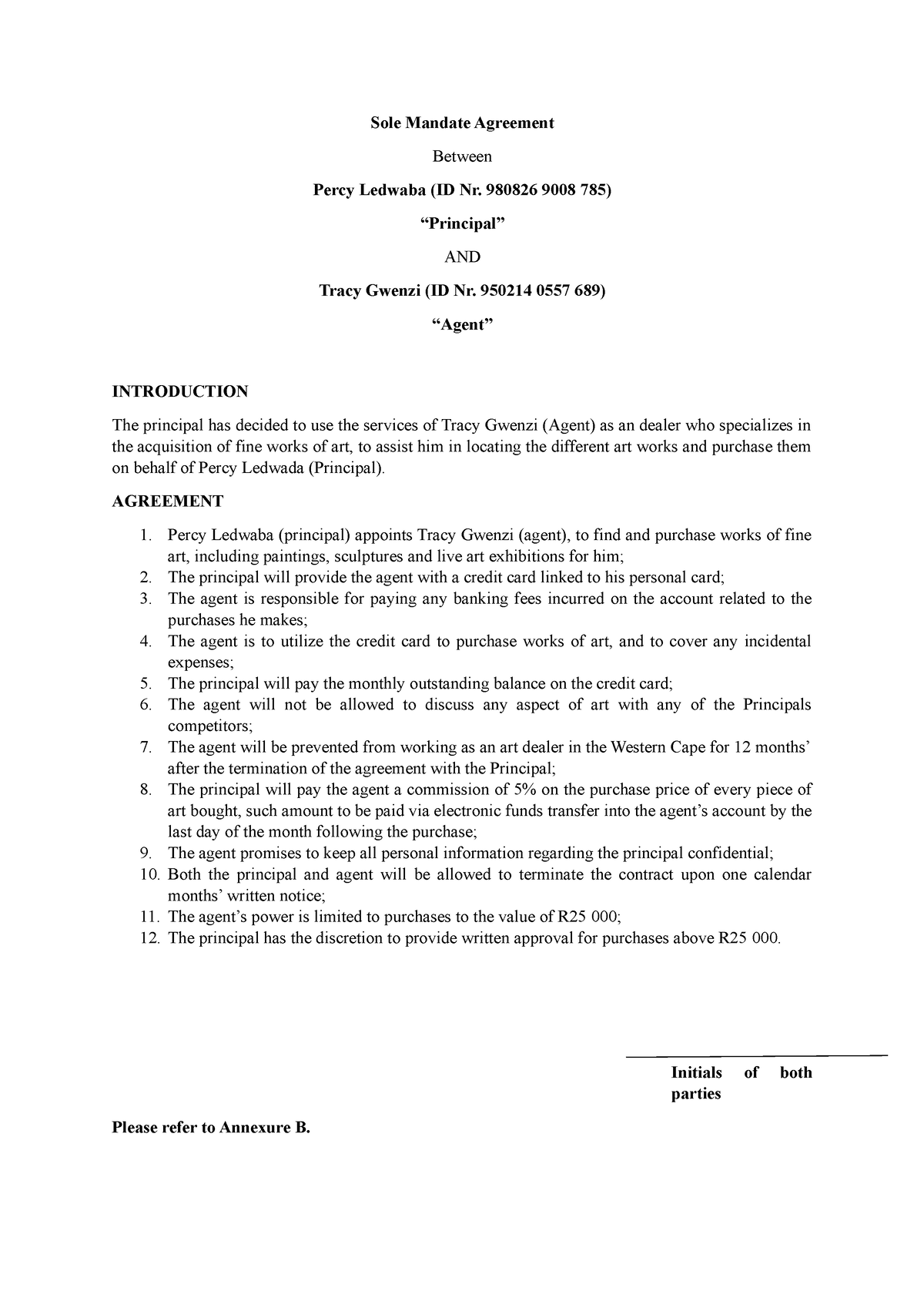 Sole Mandate Agreement CTL TUT 1 - Sole Mandate Agreement Between Percy ...