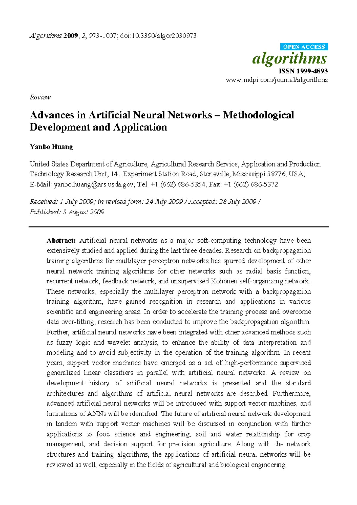 Algorithms-02-00973 - Artificial Neural Network - Algorithms 2009 , 2 ...