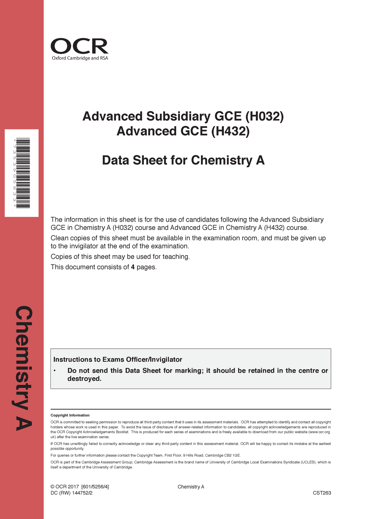 Data-sheet - Periodic Table To Help With Work - Advanced Subsidiary GCE ...