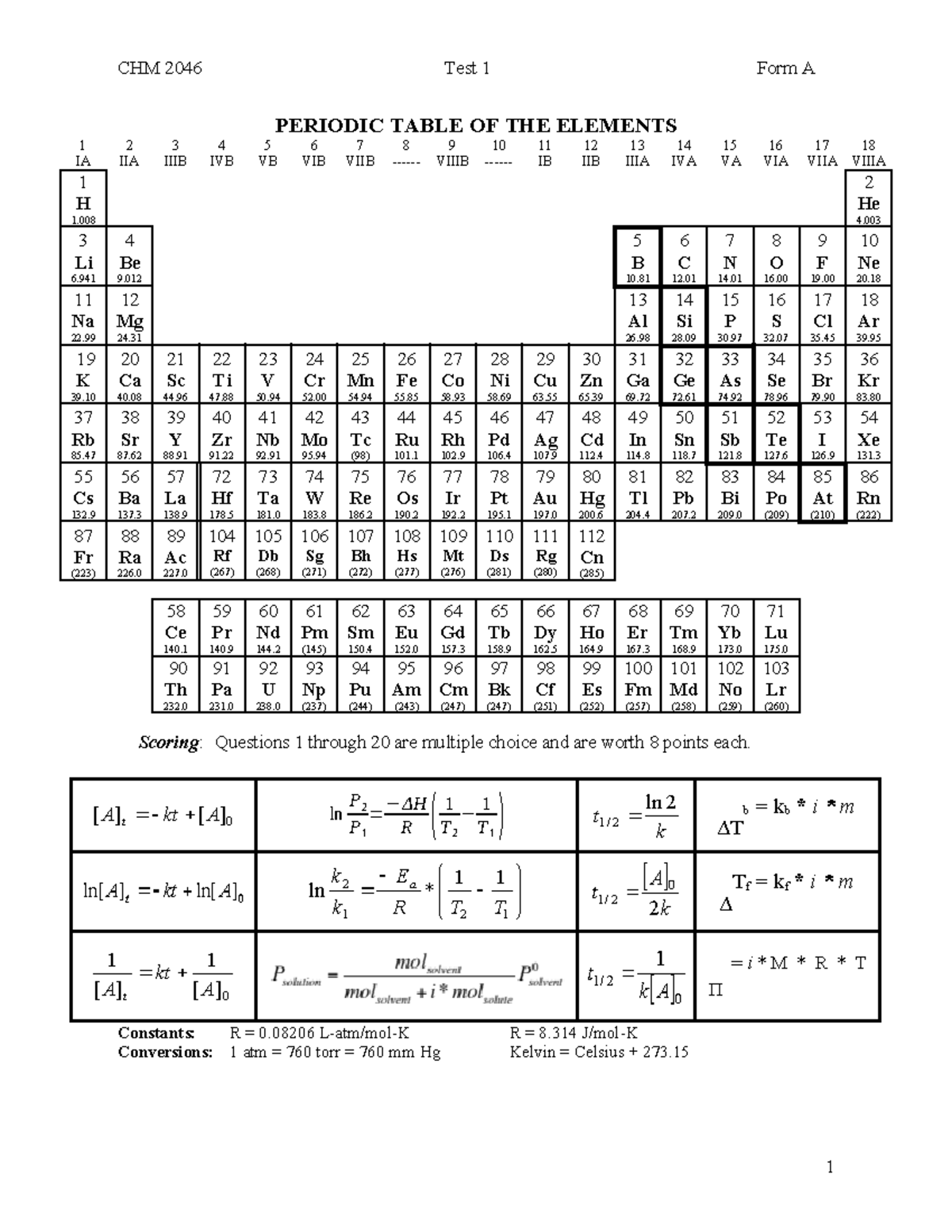 T1+Form+A+Key - study guide for chem II - PERIODIC TABLE OF THE ...