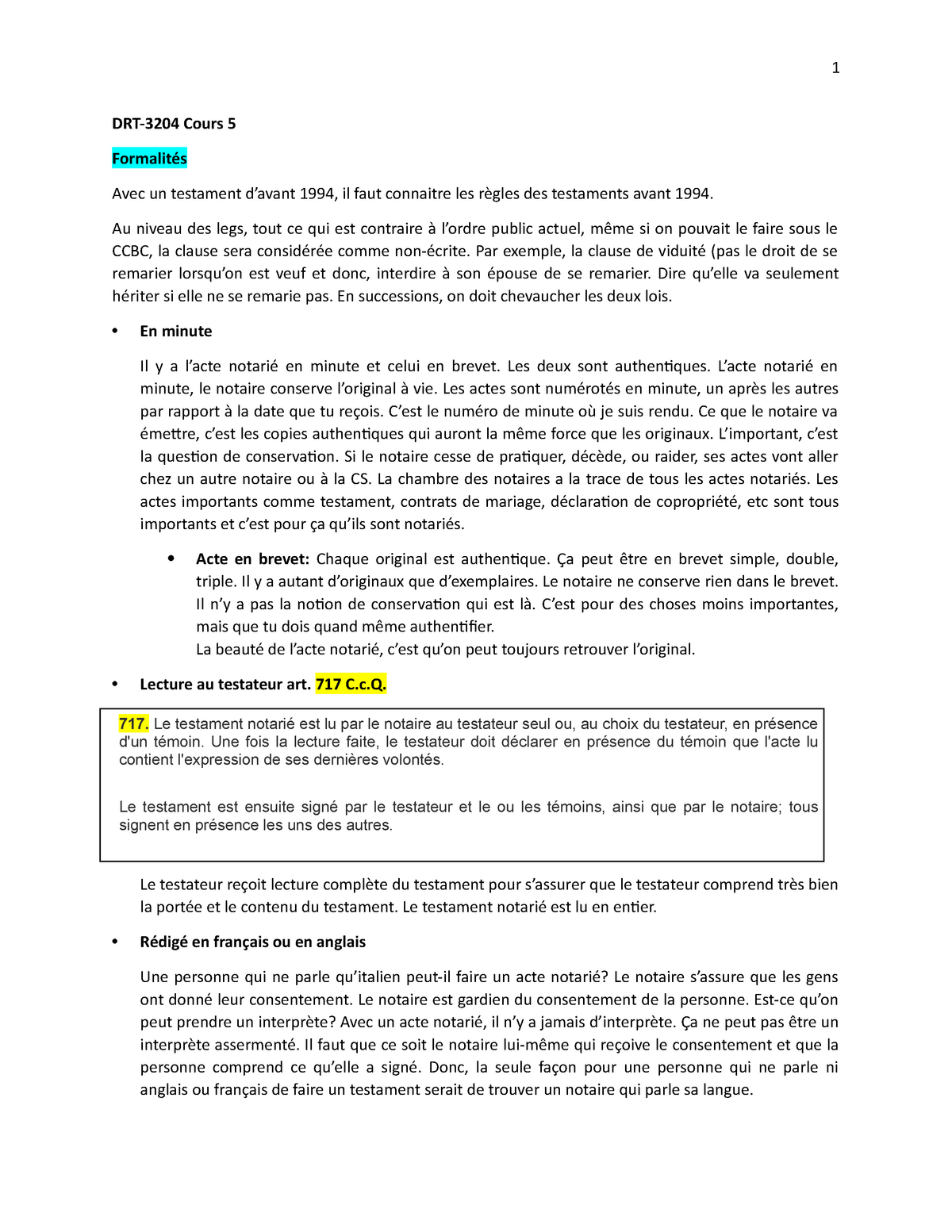 Successions Cours 5 Drt 3204 Cours 5 Formalites Avec Un Testament D Avant 1994 Il Faut Connaitre Studocu