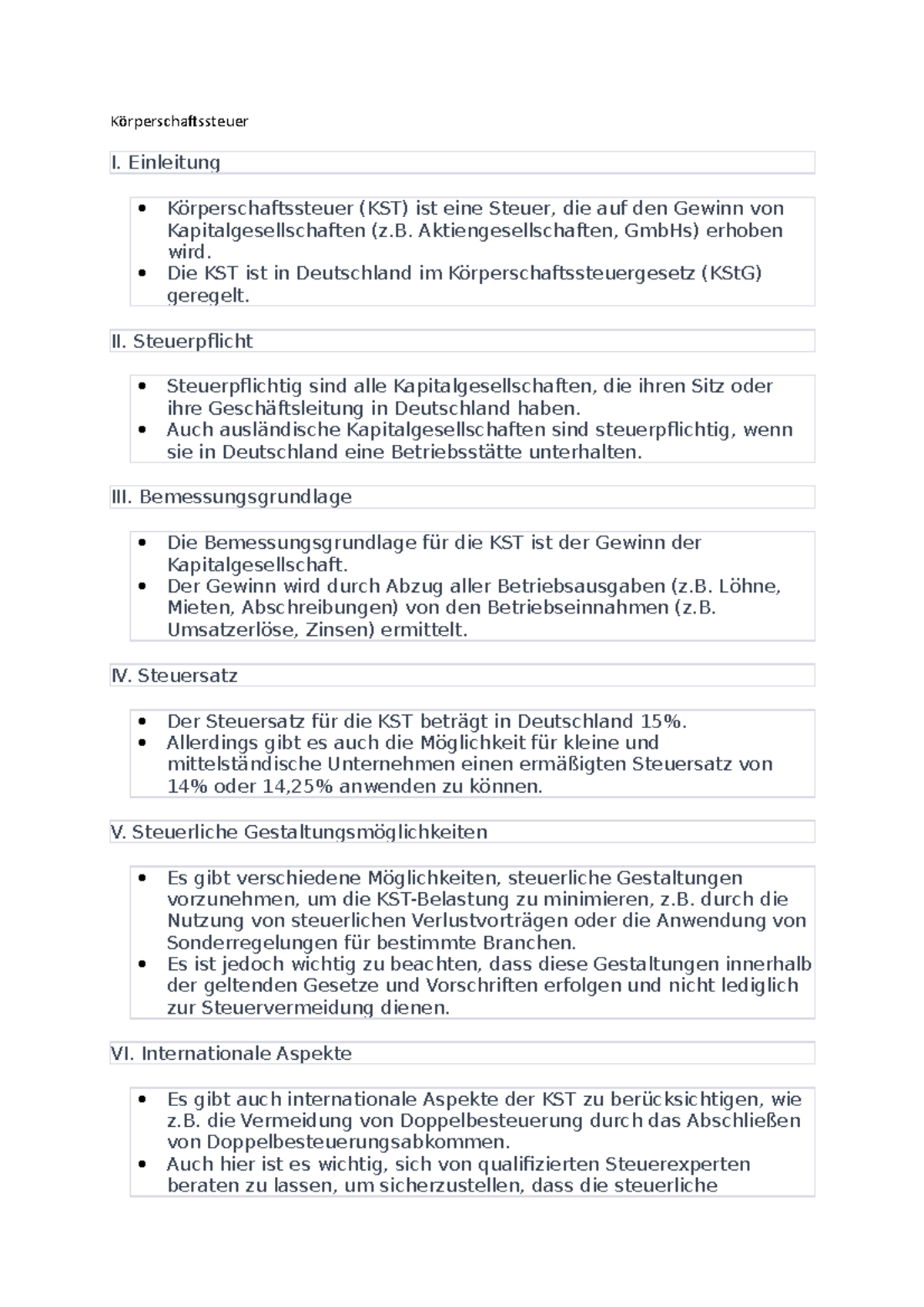 KST - Zusammenfassung mit Klausuraufgabe+Lösung - Körperschaftssteuer I ...