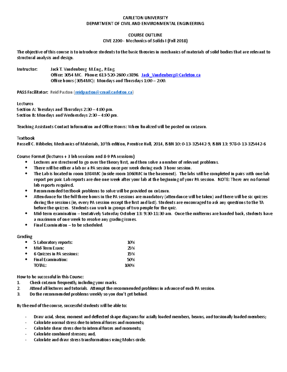 CIVE 2200 - course outline fall 2018 - CARLETON UNIVERSITY DEPARTMENT ...