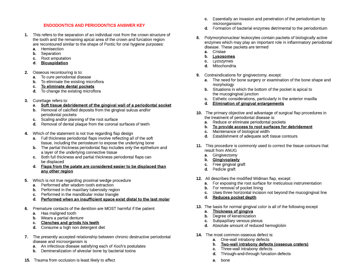 Endodontics and Periodontics Answer Key ENDODONTICS AND PERIODONTICS ANSWER KEY 1. This refers