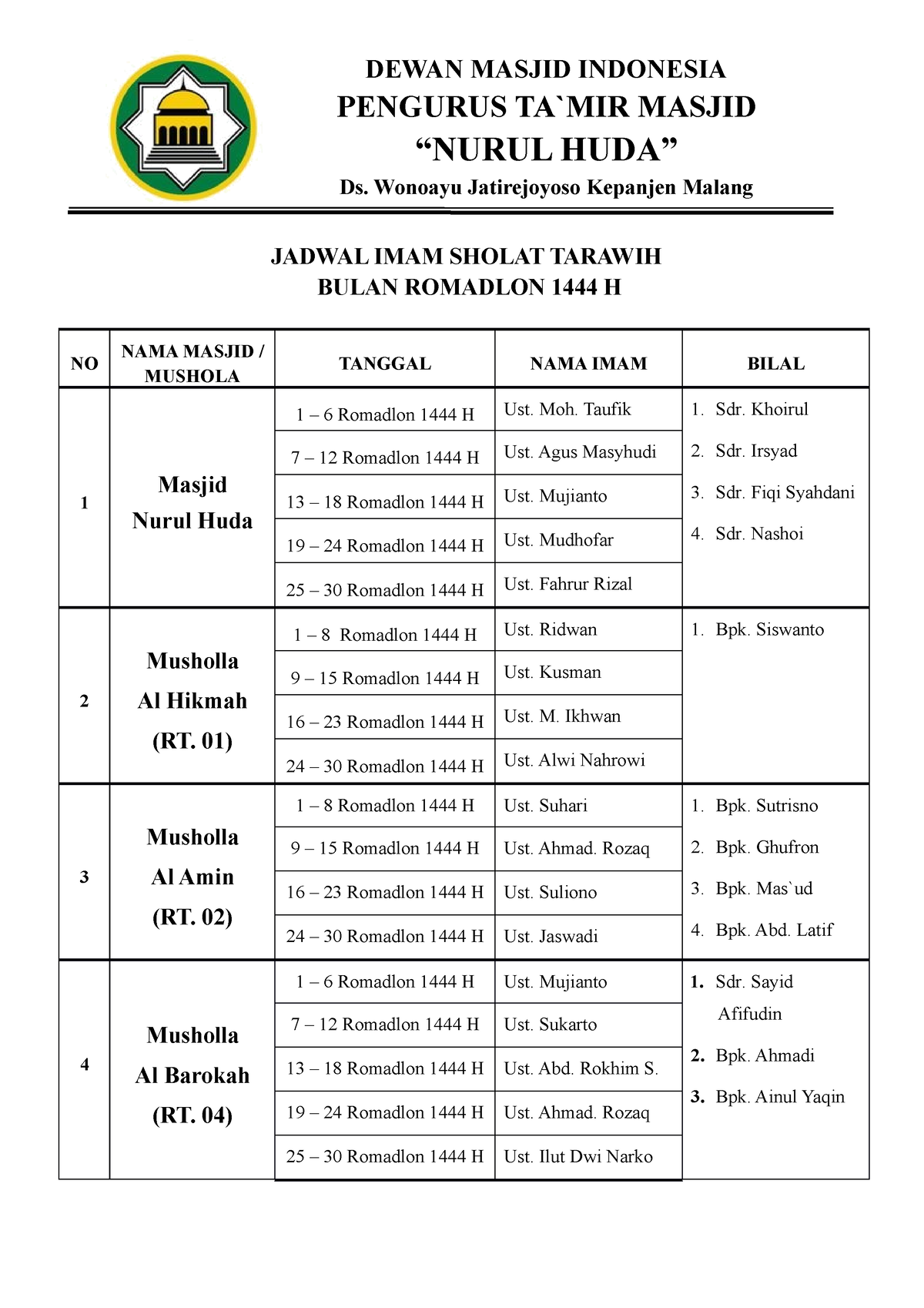 Jadwal Imam Tarawih 1444 H 2023 Dewan Masjid Indonesia Pengurus