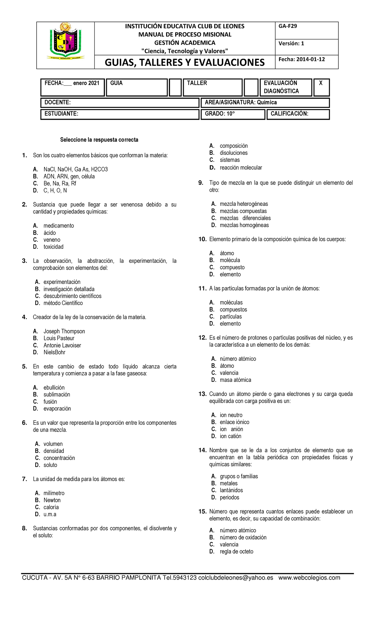 Evaluación Diagnóstica - Química - Grado 10°- 2020 - INSTITUCI”N ...