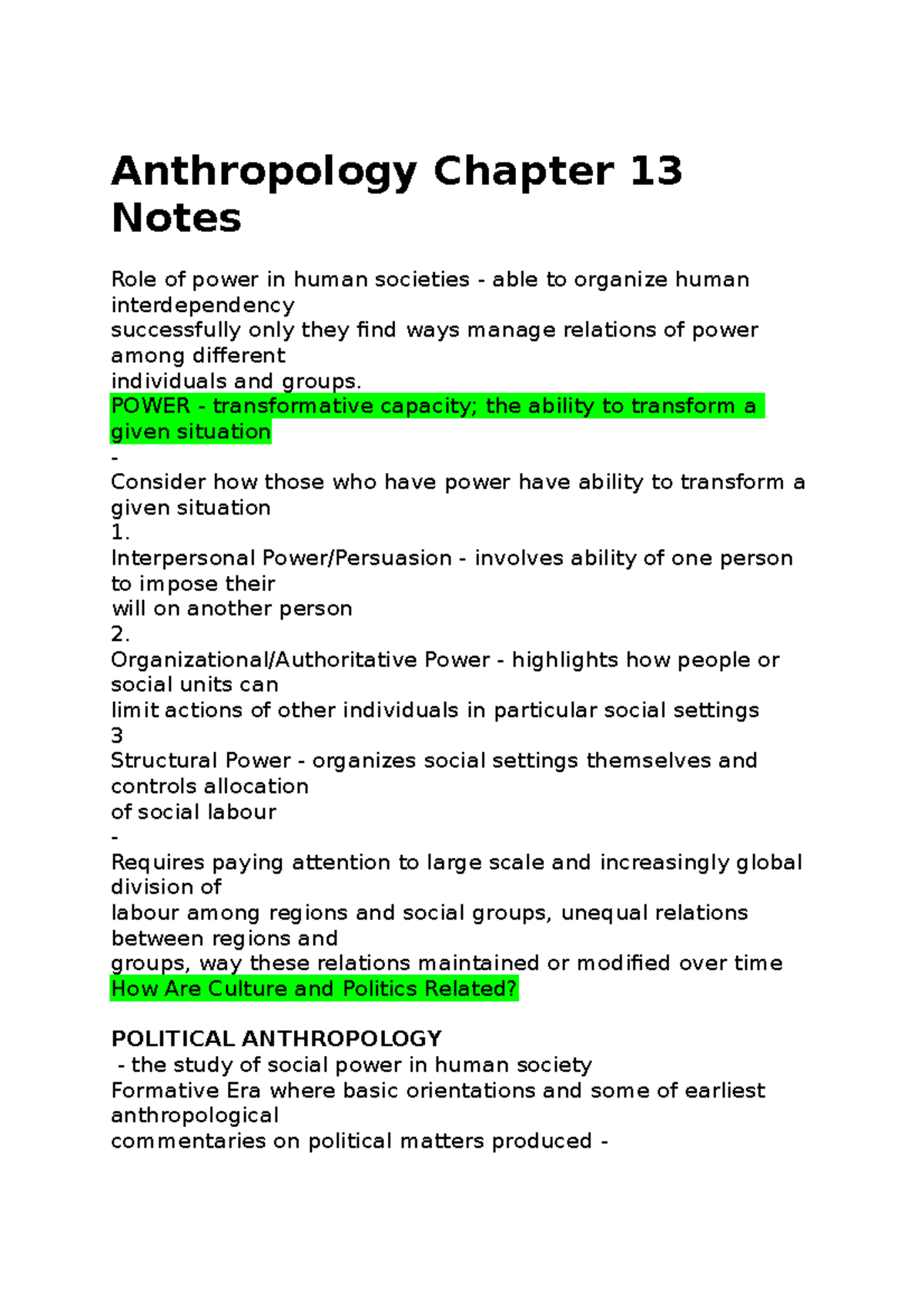 Anthropology Chapter 13 Notes Anthropology Chapter 13 Notes Role Of Power In Human Societies 9612