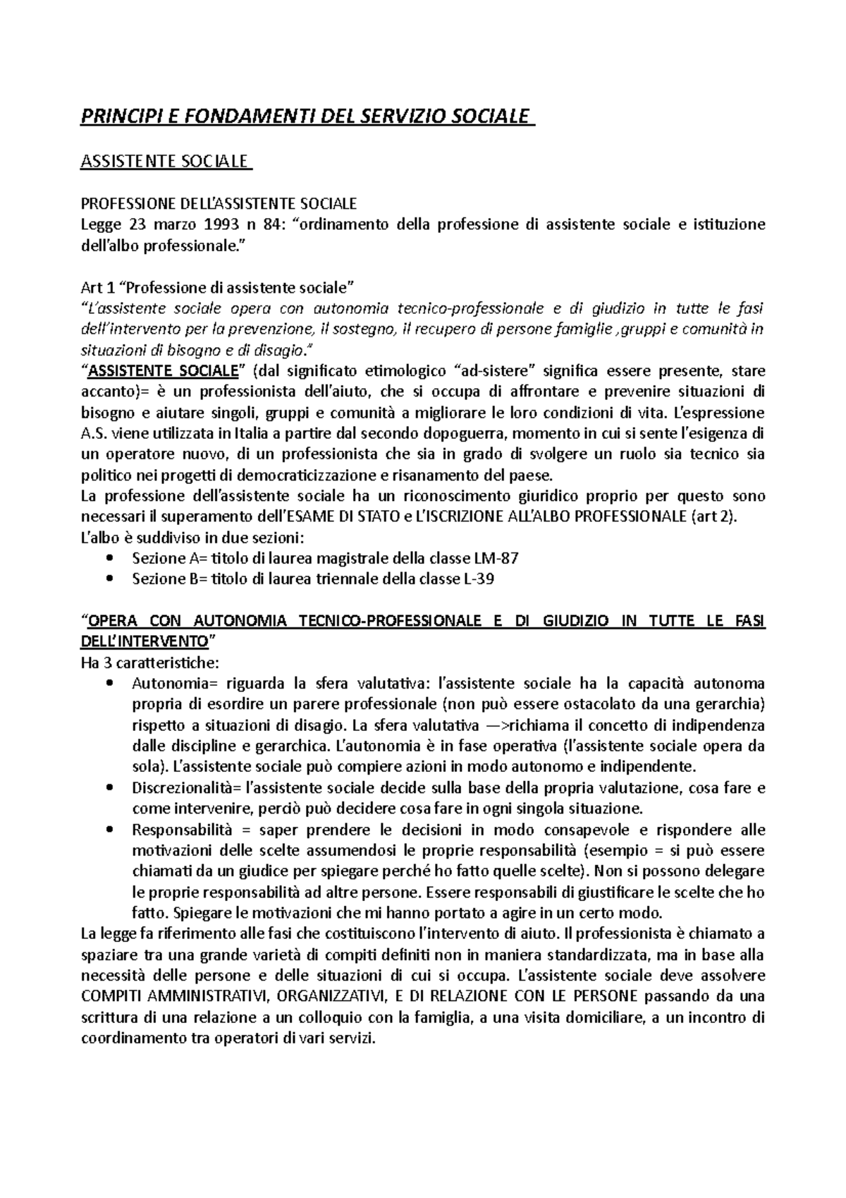 Principi E Fondamenti Del Servizio Sociale