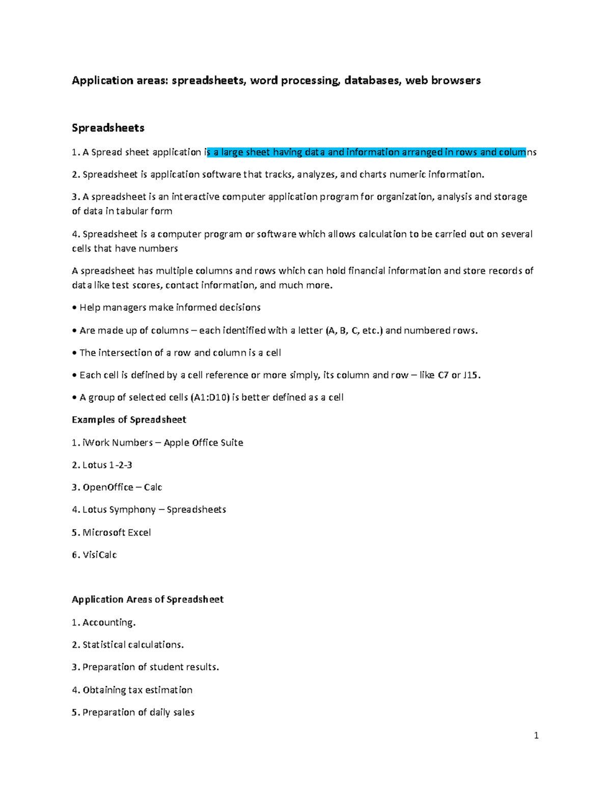 Application areas spreadsheets word processing databases web browsers