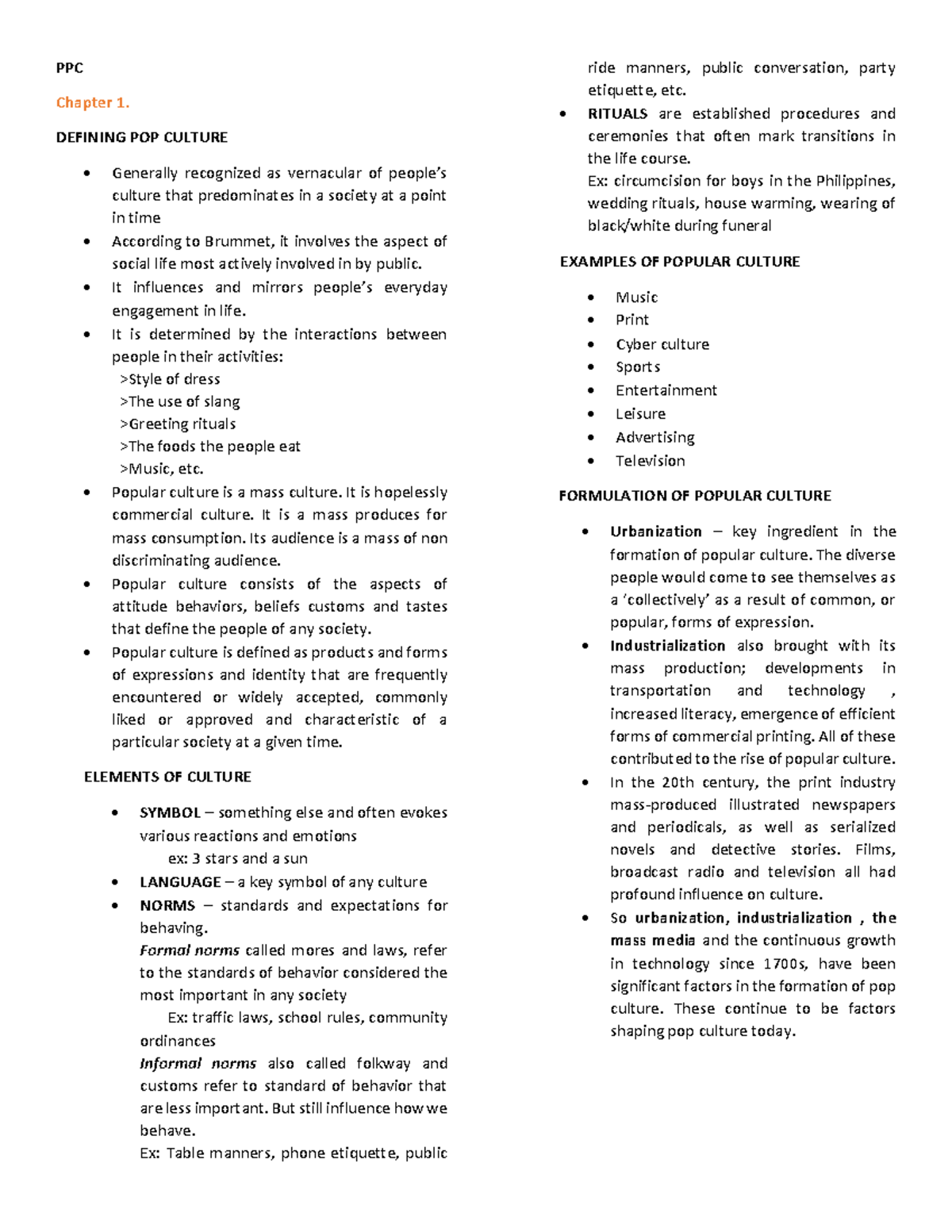 PPC Midterms - Lecture notes 4 - PPC Chapter 1. DEFINING POP CULTURE ...