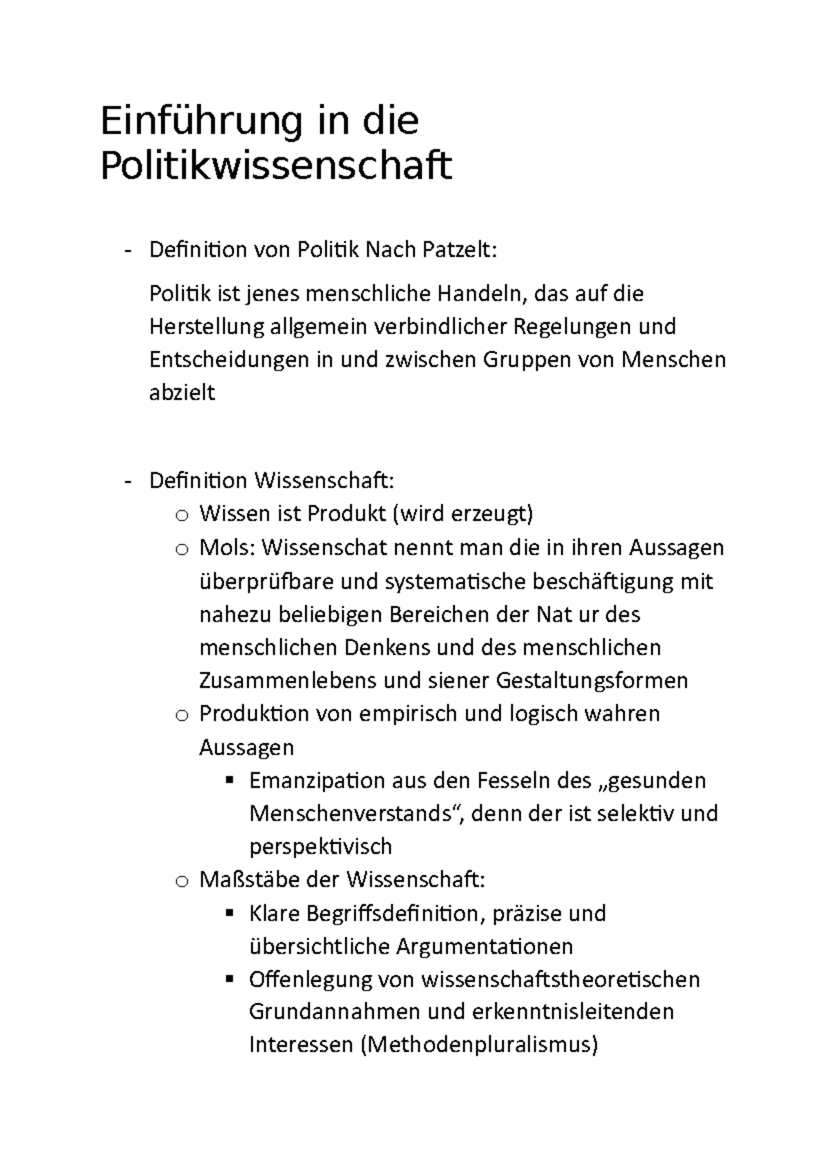 VL 2 Zusammenfassung - Einführung in die Politikwissenschaft Definition