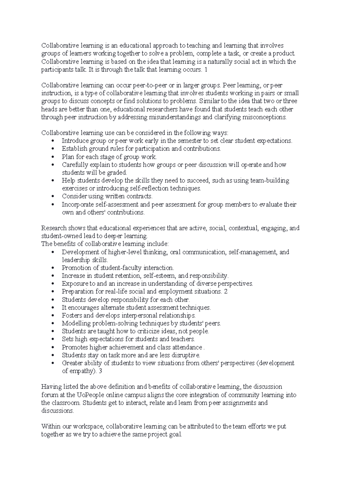 Discussion Unit 1 - Collaborative learning is an educational approach ...