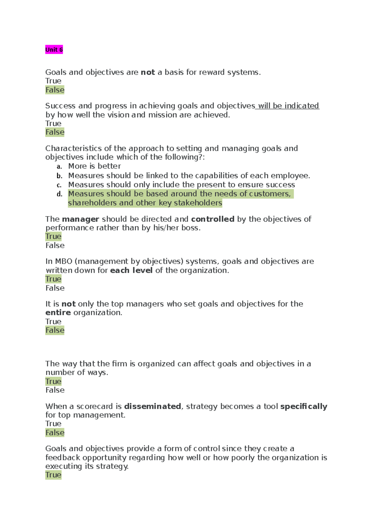 BUS 1101 self quiz unit 6 Unit 6 Goals and objectives are not a basis