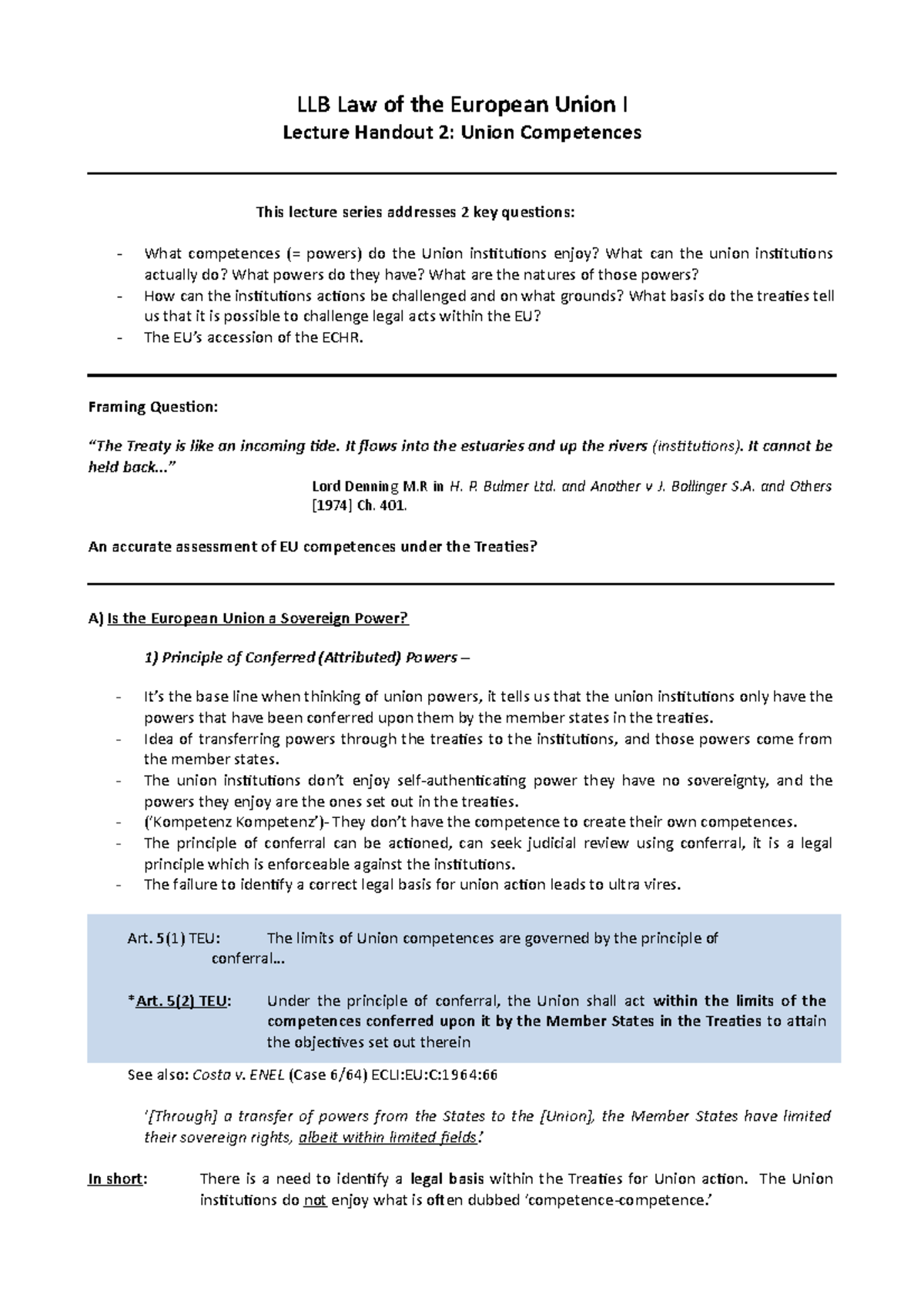 EU Law I Union Competences lecture notes - LLB Law of the European ...