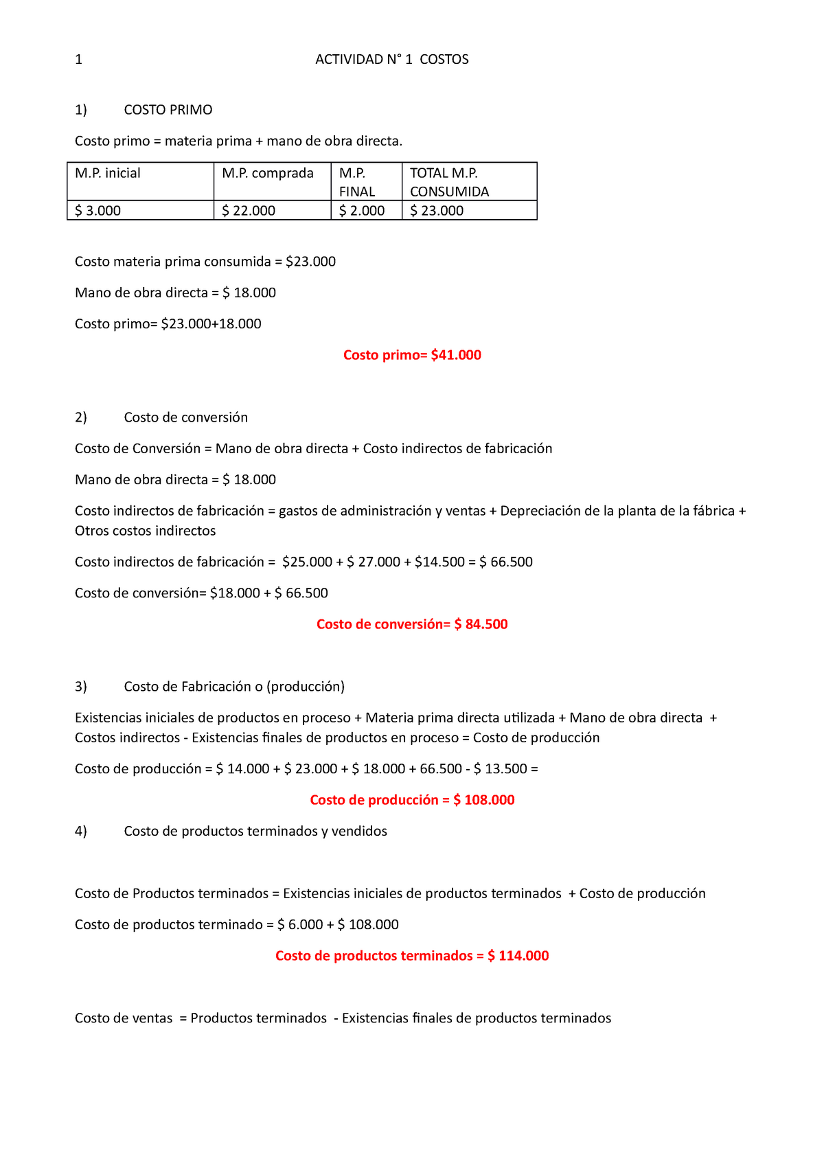 Actividad 1 Costos Corregido - 1 ACTIVIDAD N° 1 COSTOS 1) COSTO PRIMO ...