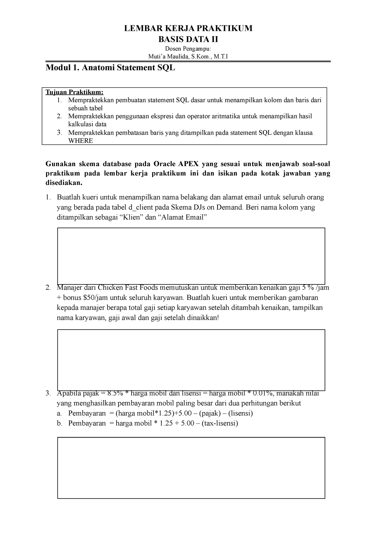 Lembar Kerja Praktikum 1 Basis Data Ii Dosen Pengampu Mutia Maulida