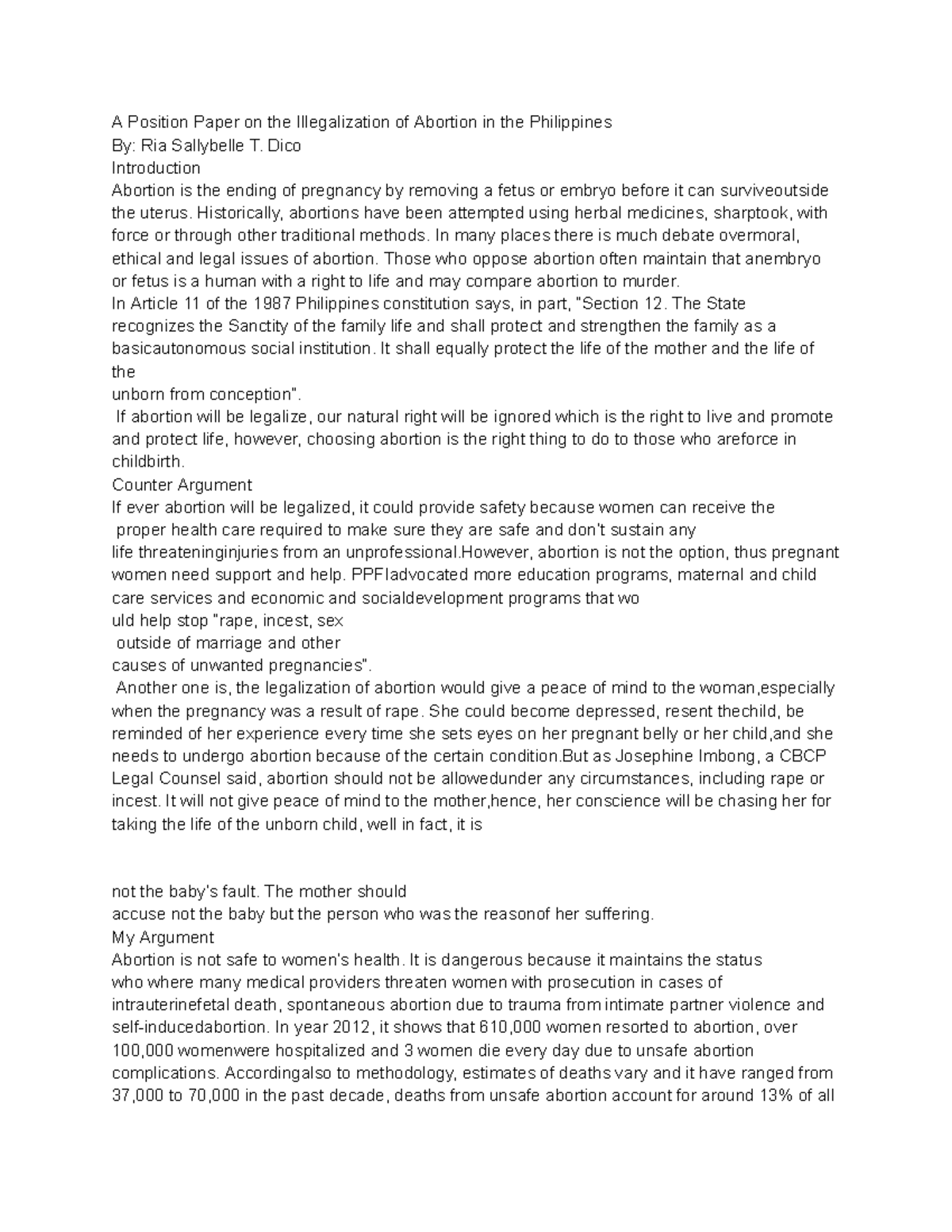 A Position Paper on the Illegalization of Abortion in the Philippines ...