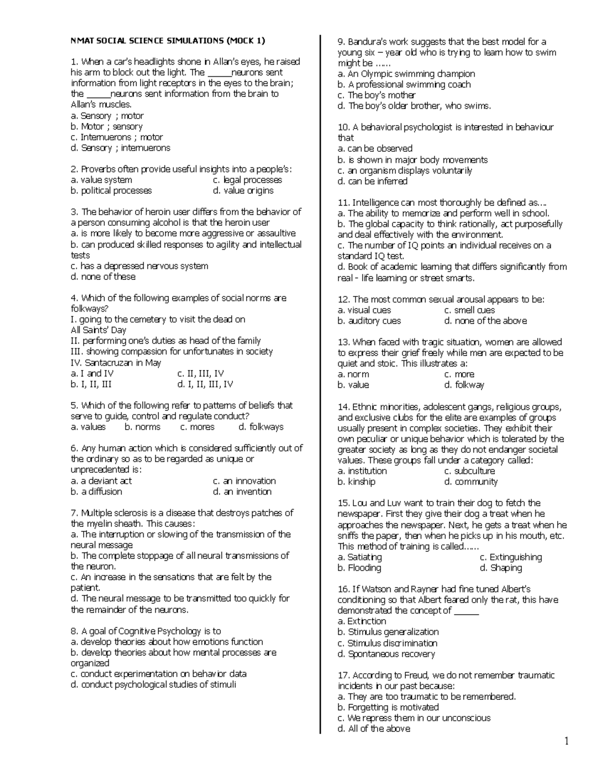 Mock 1 Social Science - MOCK TEST SS - 1 NMAT SOCIAL SCIENCE ...