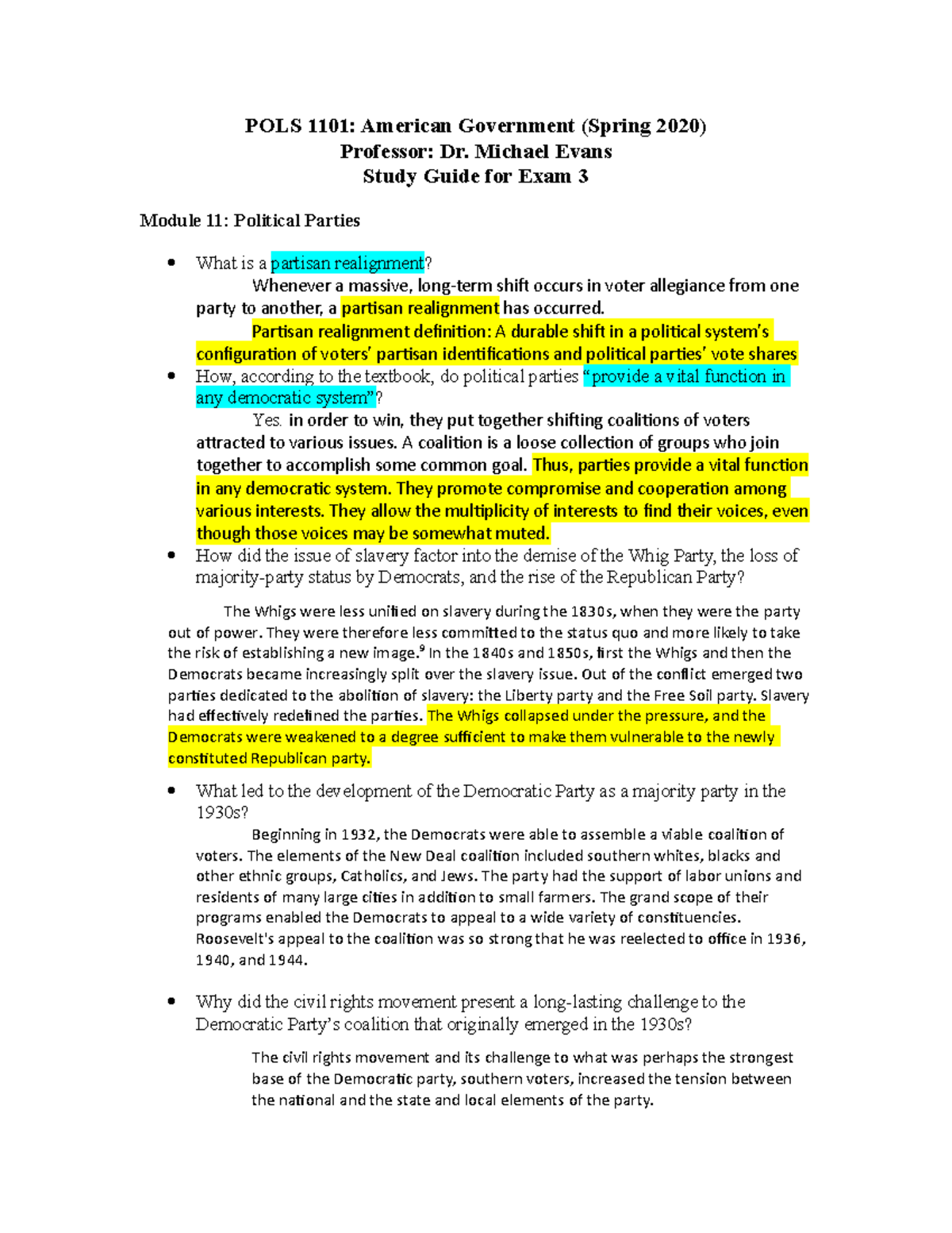 Exam 3 Study Guide - POLS 1101 - S20 Evans - POLS 1101: American ...