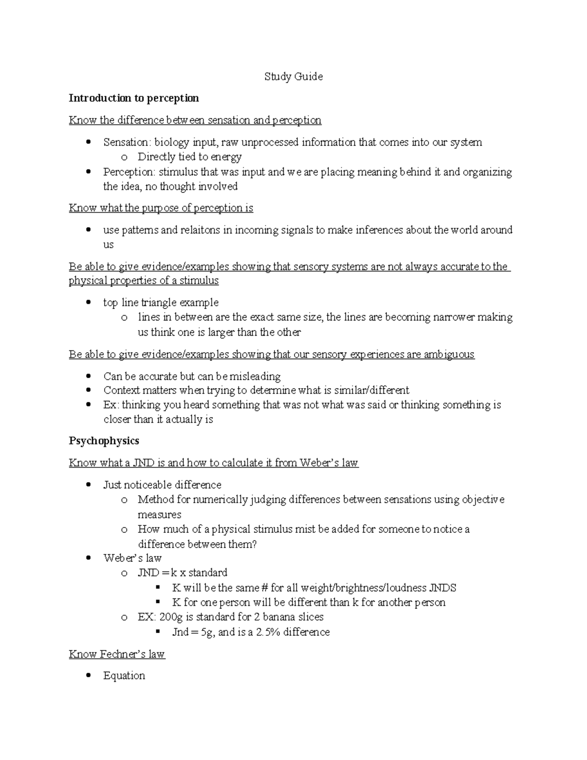 Exam 1 Study Guide - Summary Psychology & Biology of Perception - Study ...