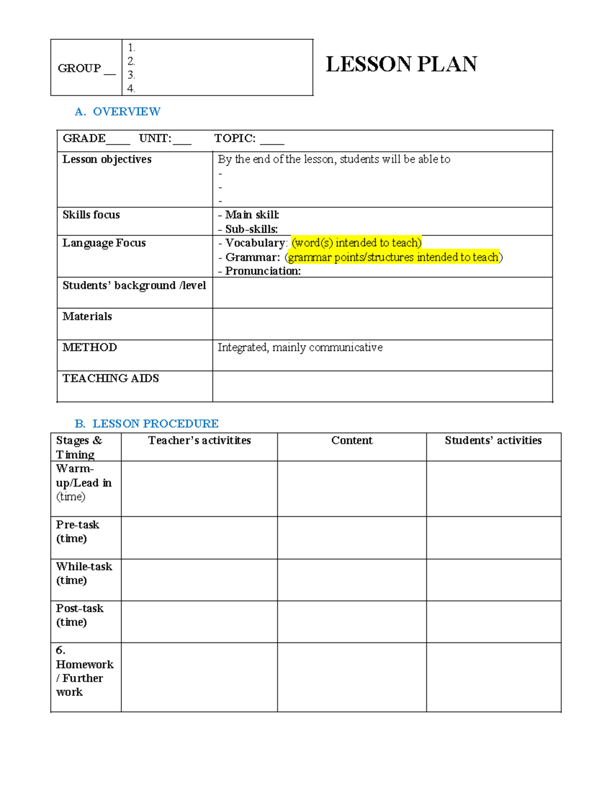 Lesson PLAN - Skills - LESSON PLAN A. OVERVIEW GRADE____ UNIT:___ TOPIC ...