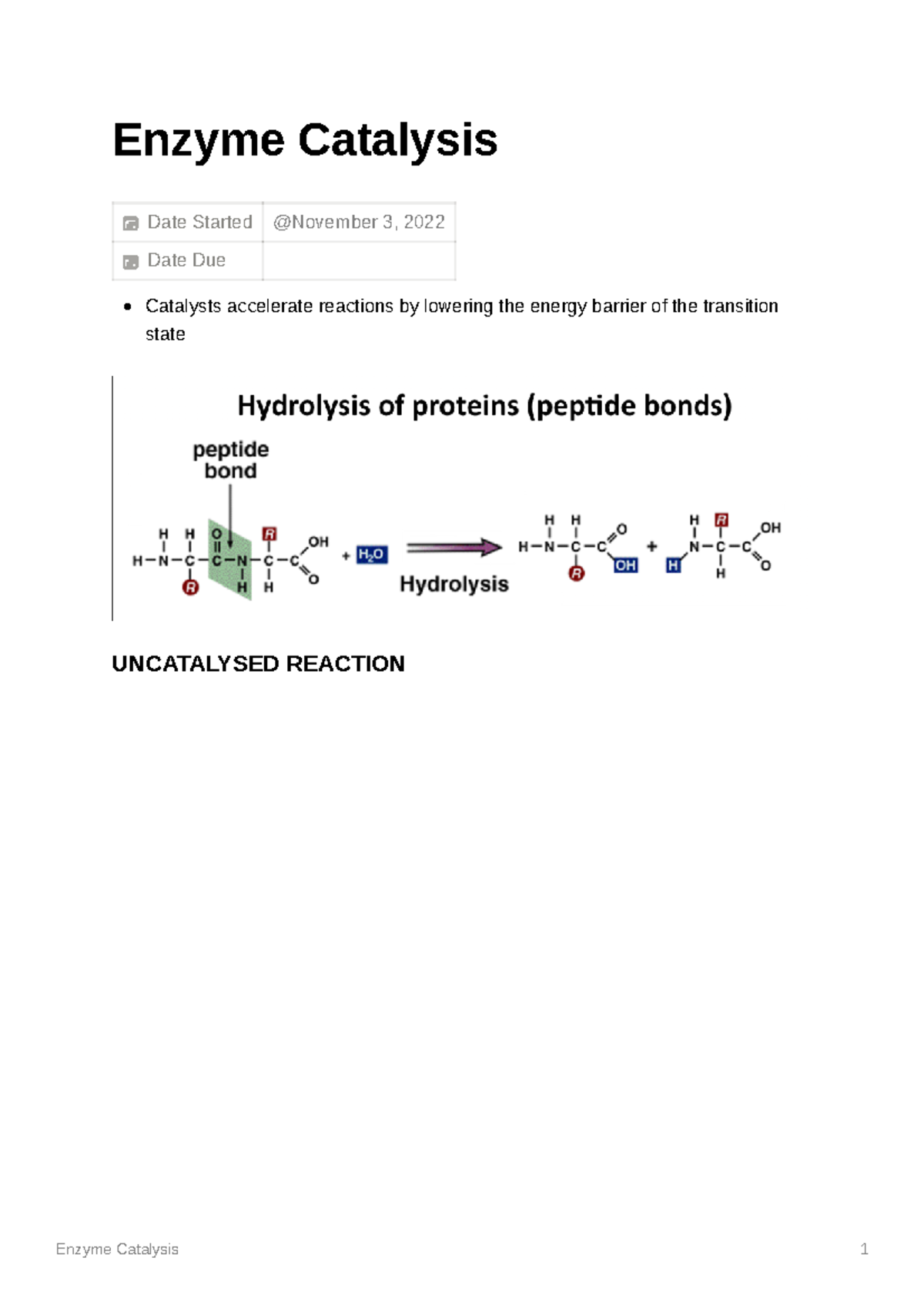MEDC0003 Enzyme Catalysis Enzyme Catalysis Date Started Date Due
