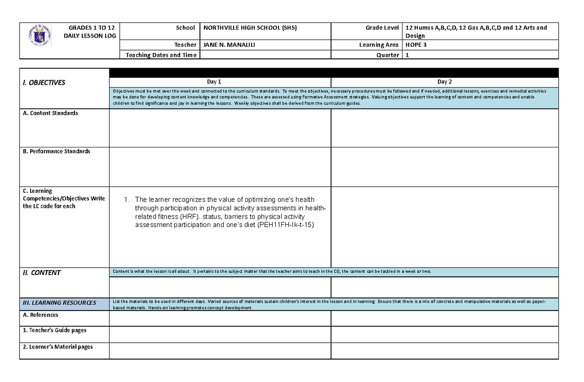 DLL IN HOPE 3 - Daily lesson log for senior high school teachers ...