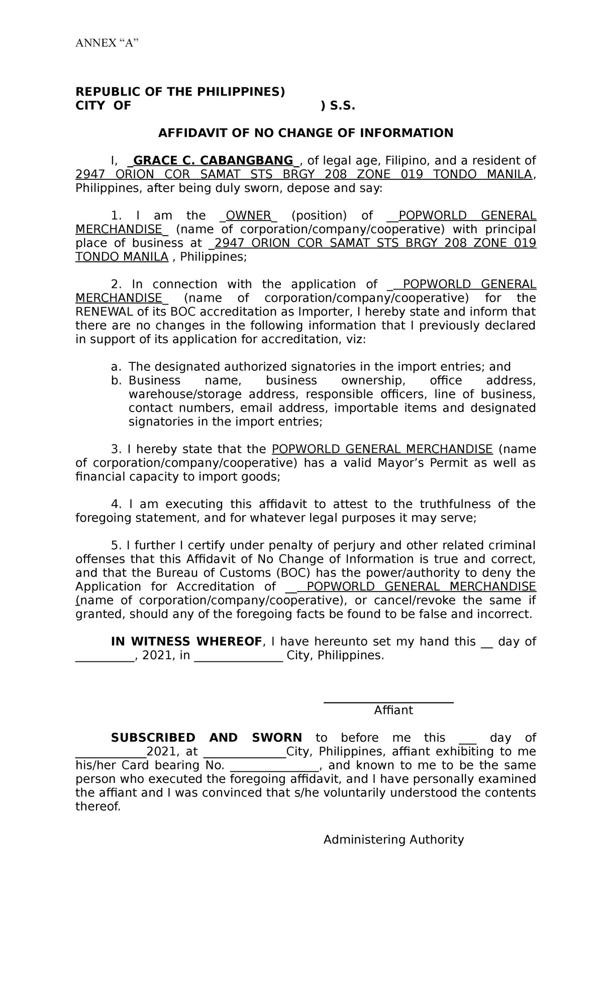 2021 Affidavit Of No Change Of Information For Bureau Of Customs 