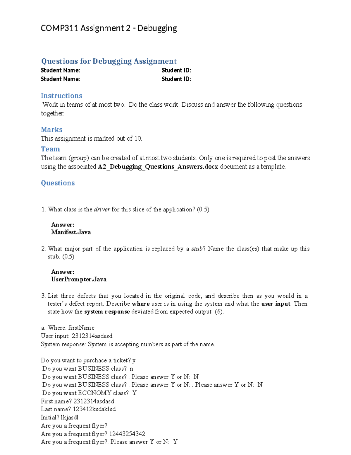 COMP311Assignment 2 - Assignment 2 - Debugging (A+) - COMP311 ...