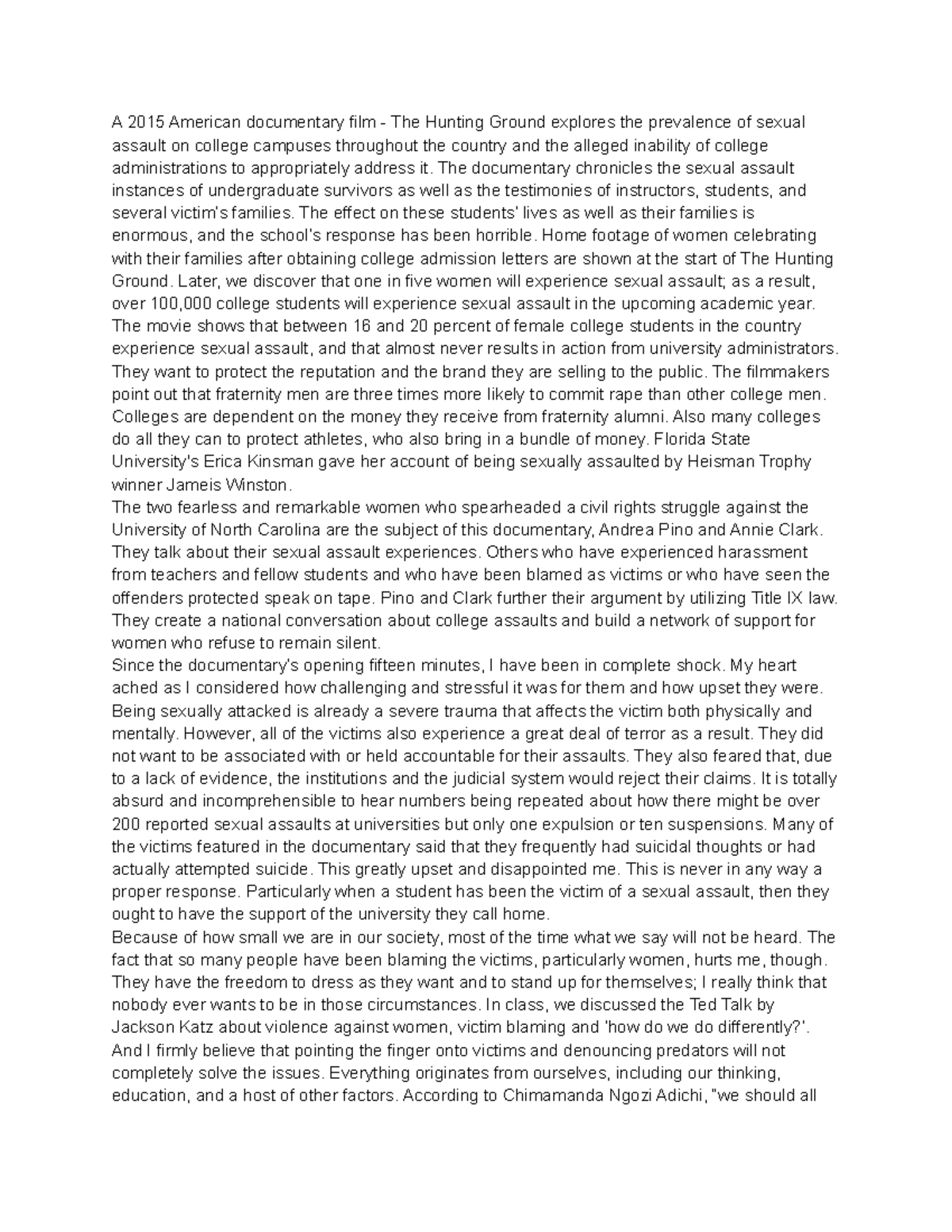 WST The Hunting Ground Reflection A 2015 American documentary film