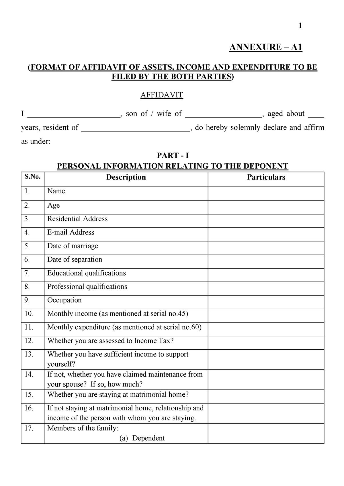 Income Affidavit - ANNEXURE A (FORMAT OF AFFIDAVIT OF ASSETS, INCOME ...