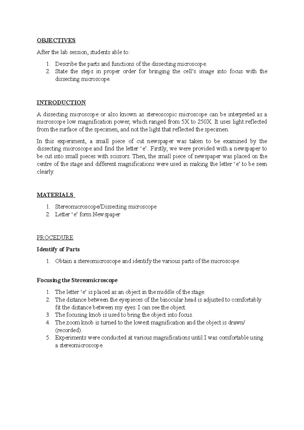 LAB Report BIO122 1.2 si - OBJECTIVES After the lab session, students ...