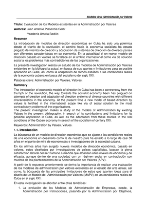 Edoc - cuso hecho - Título: Evaluación de los Modelos existentes en la  Administración por Valores - Studocu