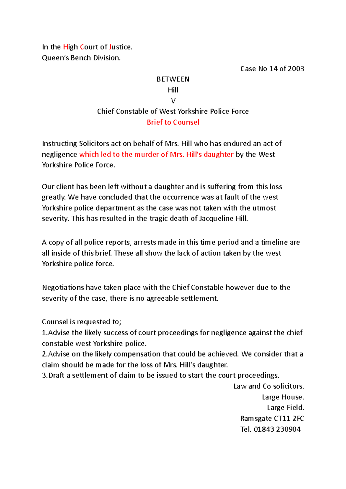 Law Work 4 In the High Court of Justice. Queen’s Bench Division. Case