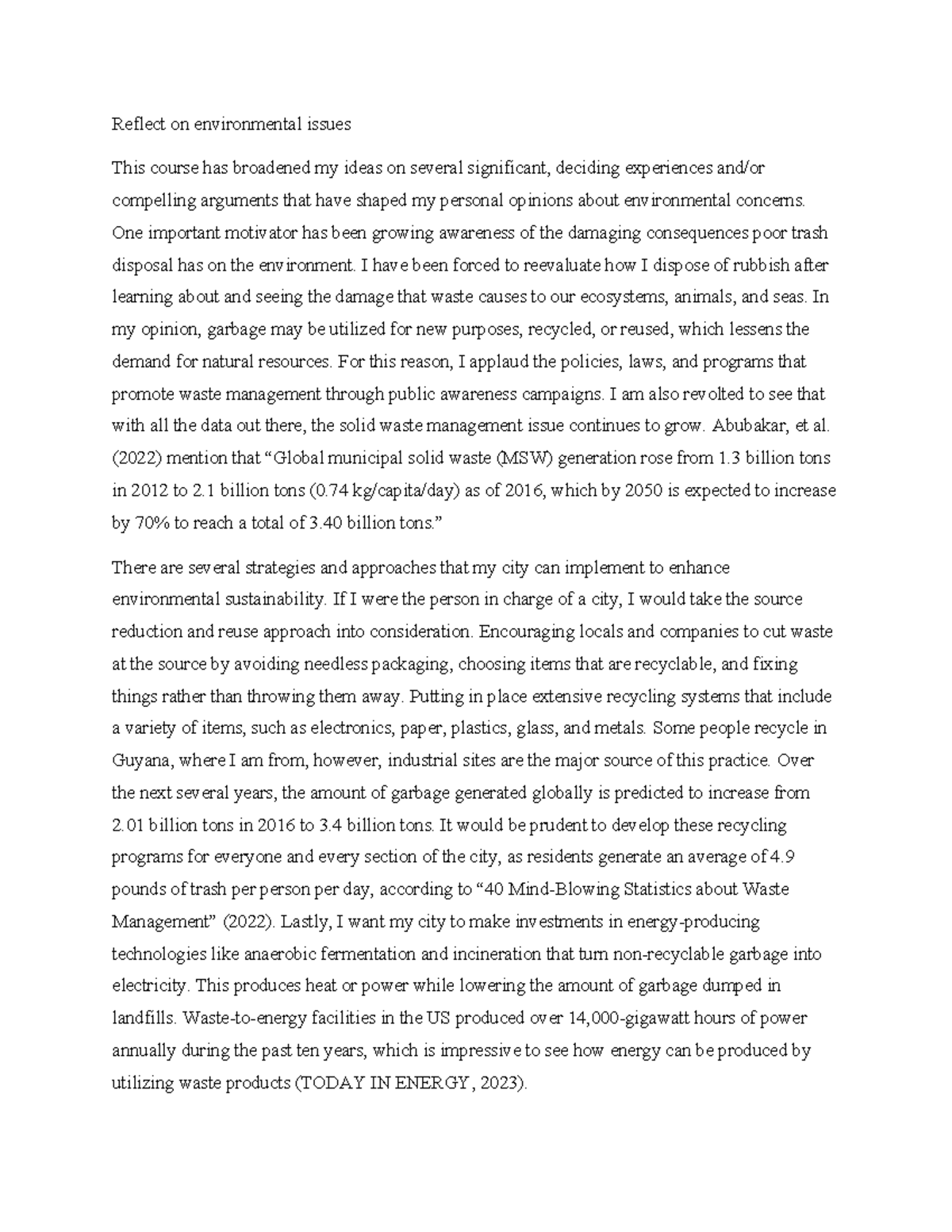 ENVS 1301 learning journal unit 8 - Reflect on environmental issues ...