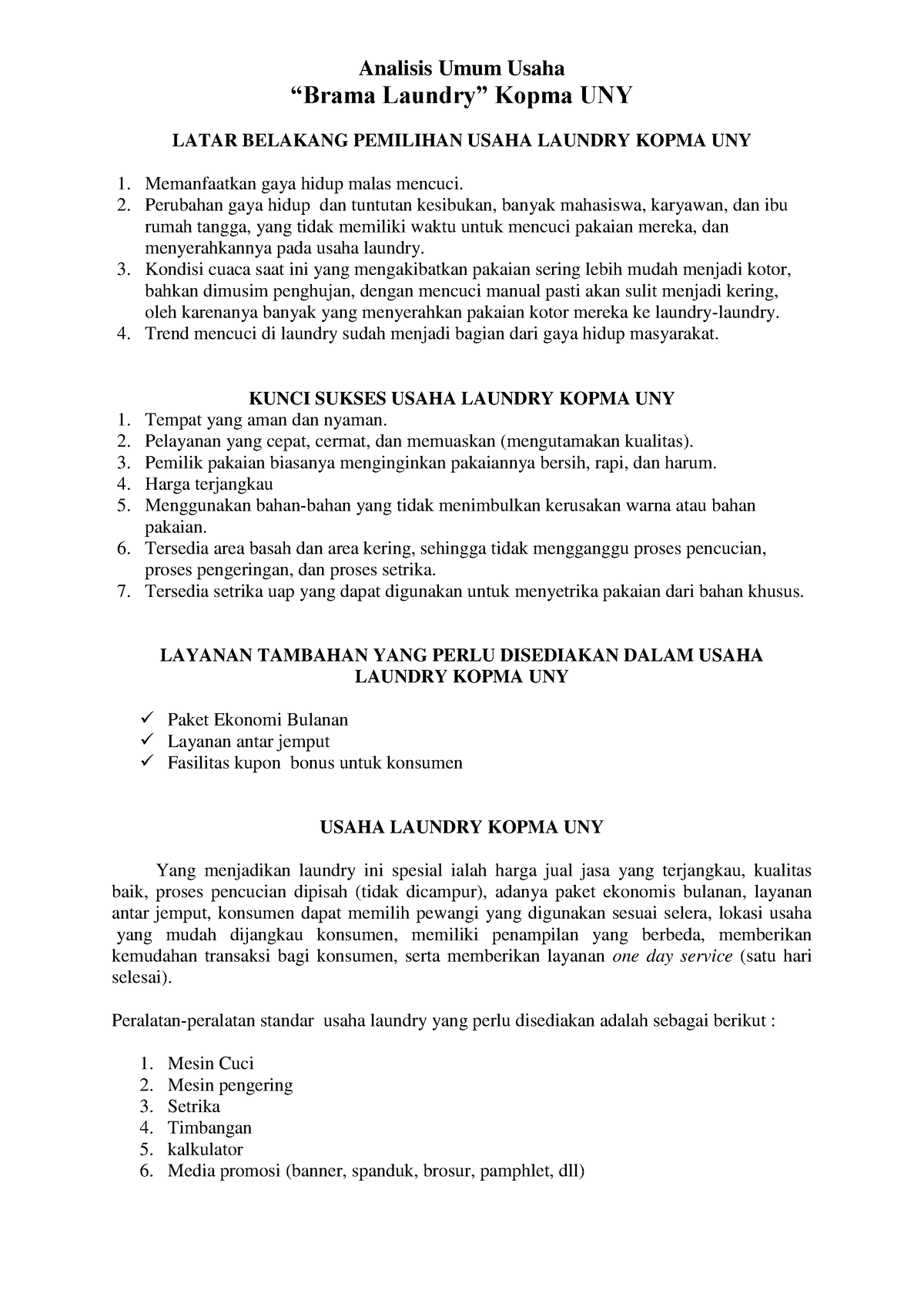 Analisis Umum Usaha Laundry - “Brama Laundry” Kopma UNY LATAR BELAKANG ...