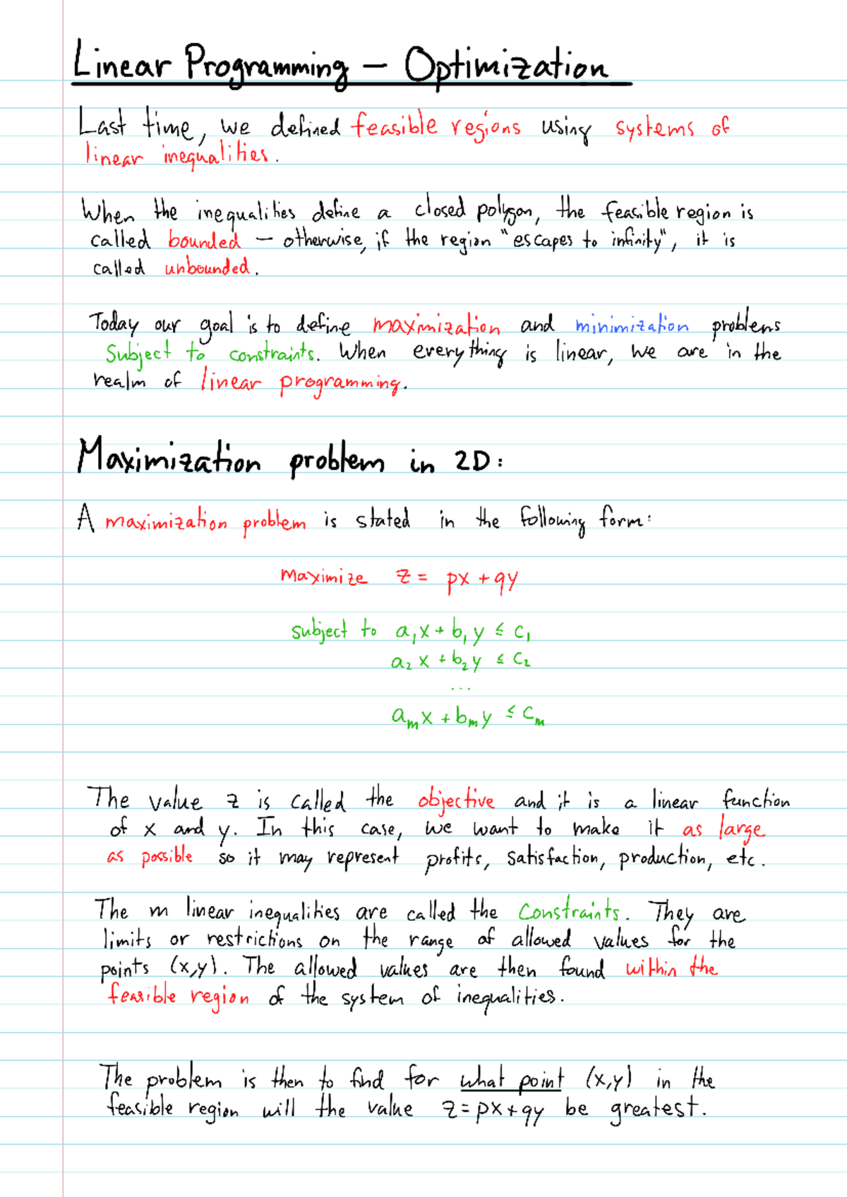 Lecture 9 - Linear Programming Optimization Last time, we defined ...